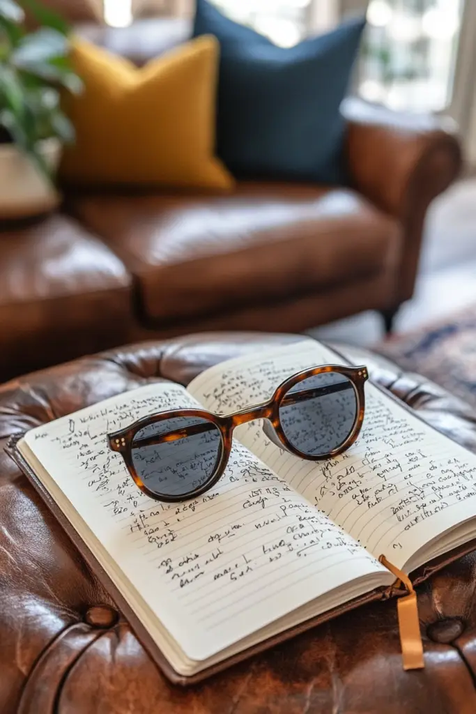 A notebook open on a leather chair to show a dialogue-based writing exercise