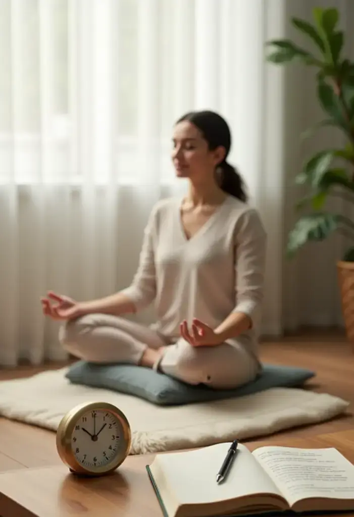 A tranquil scene of a woman meditating beside an open journal