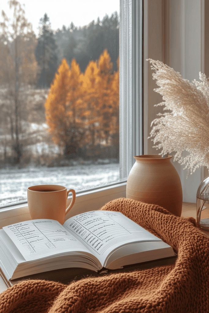 An autumn-toned scene with an open journal beside a window
