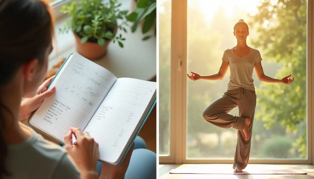Split-screen composition: a person writing on the left, yoga at sunrise on the right