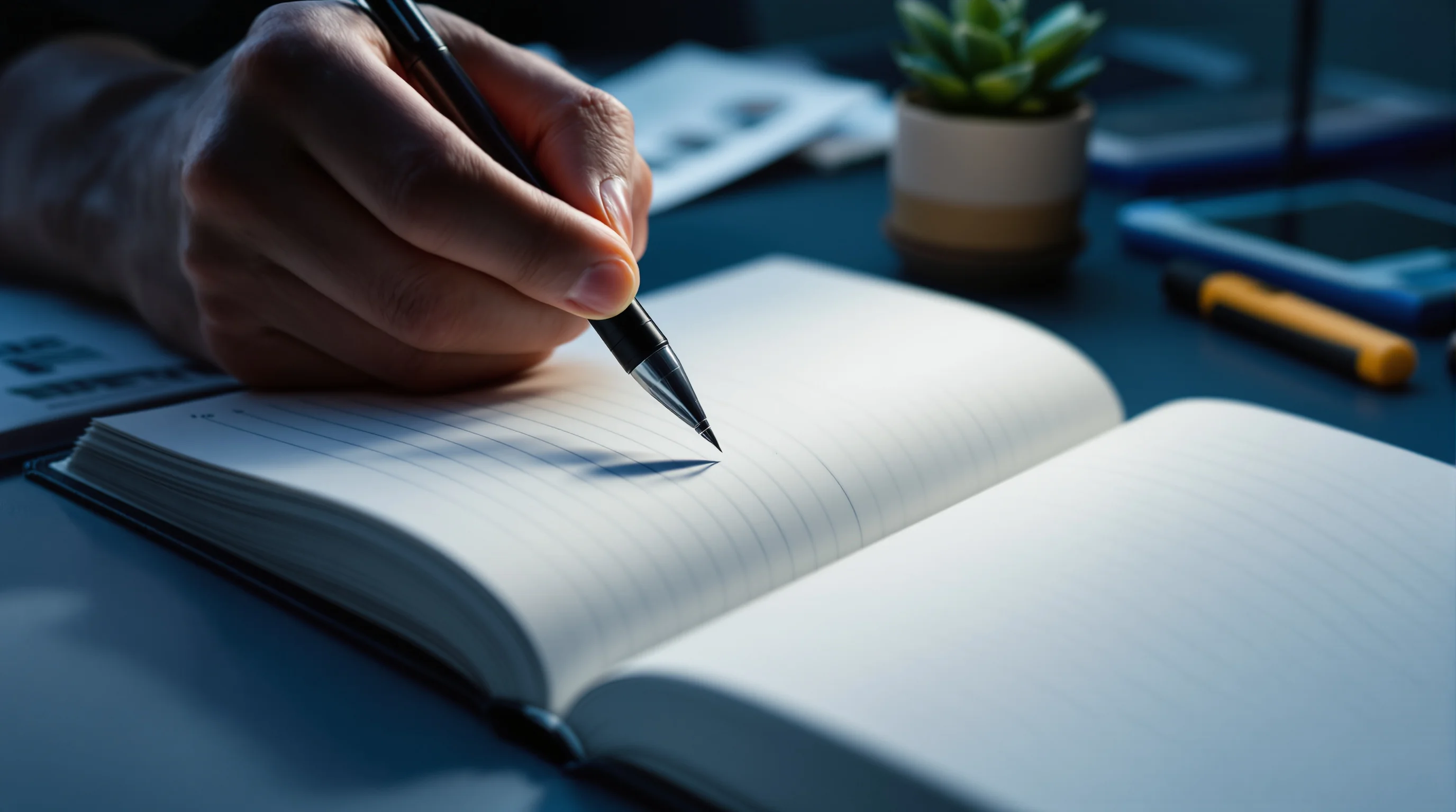 Hand holding a fine-tipped pen hovering over a blank open journal on a desk, ready to write an academic journal entry.