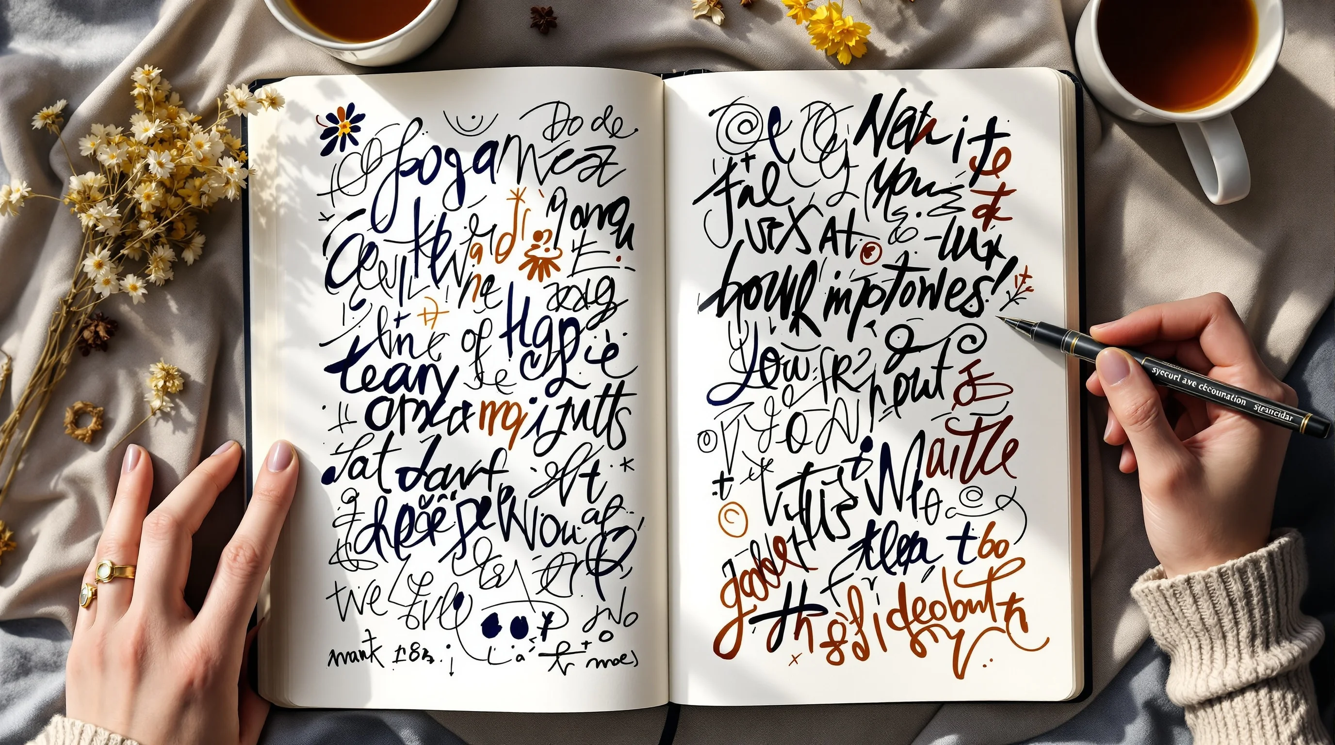 Hand journaling with expressive ink swirls and doodles beside dried wildflowers and tea, capturing emotional release for ADHD mood swings.