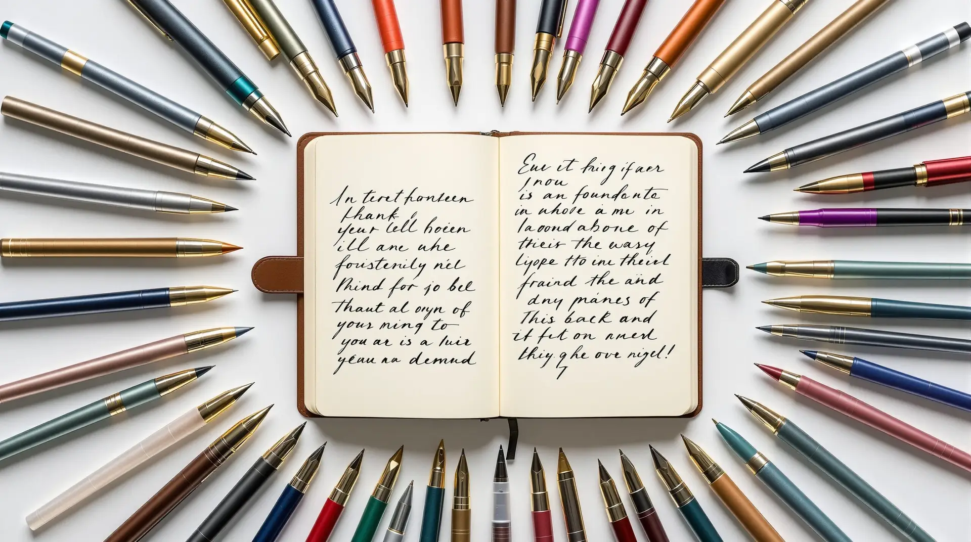 Overhead view of the best pens for journaling arranged in a circular pattern around an open leather journal, featuring fountain pens, gel pens, and markers on white background.