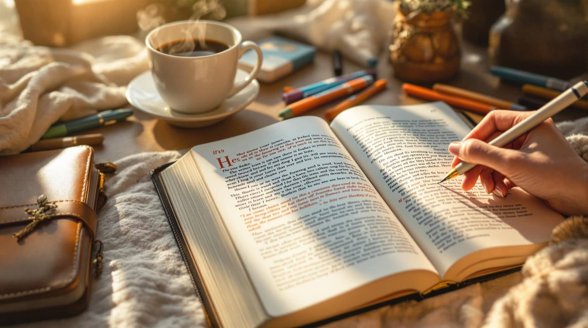 A woman's hand writing in a leather journal next to an open Bible, surrounded by colorful pens and art supplies for spiritual journaling, with a steaming coffee cup nearby in warm morning light.