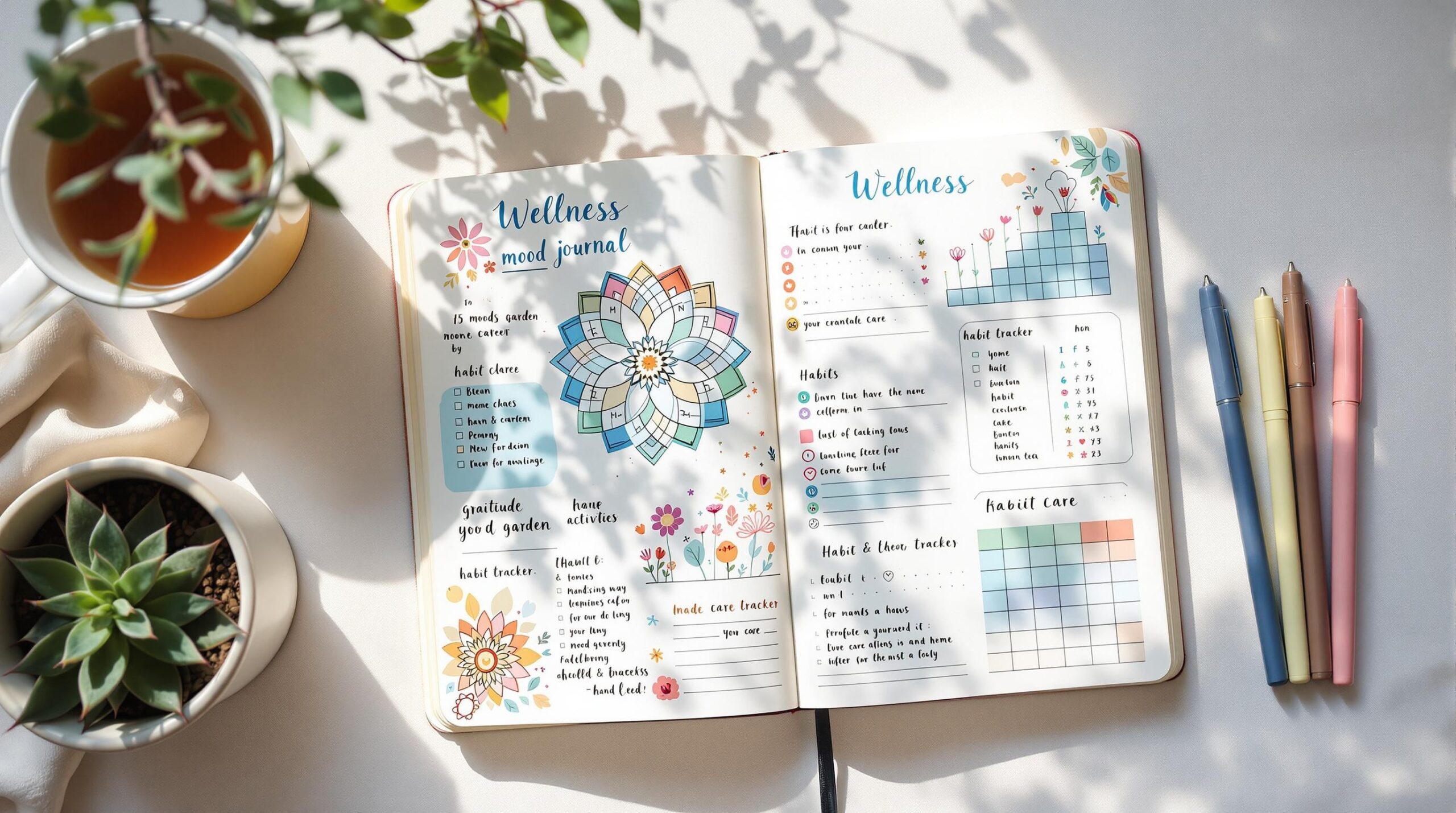 An overhead view of an open bullet journal featuring colorful wellness tracking pages with hand-drawn elements. The spread includes a circular mandala mood wheel, a gratitude garden tracker with flower illustrations, and organized habit tracking columns. Natural light illuminates the journal surrounded by carefully arranged items: a steaming cup of herbal tea, a small potted succulent, and several pastel-colored fine-liner pens. The pages contain mindfulness prompts and self-care activities ador