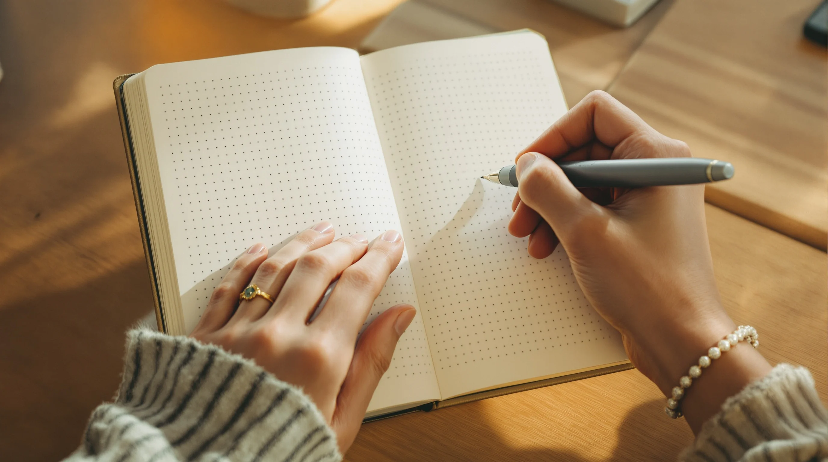 Hands holding a plain notebook and ballpoint pen over a dotted page, capturing mindful simplicity in bullet journaling.