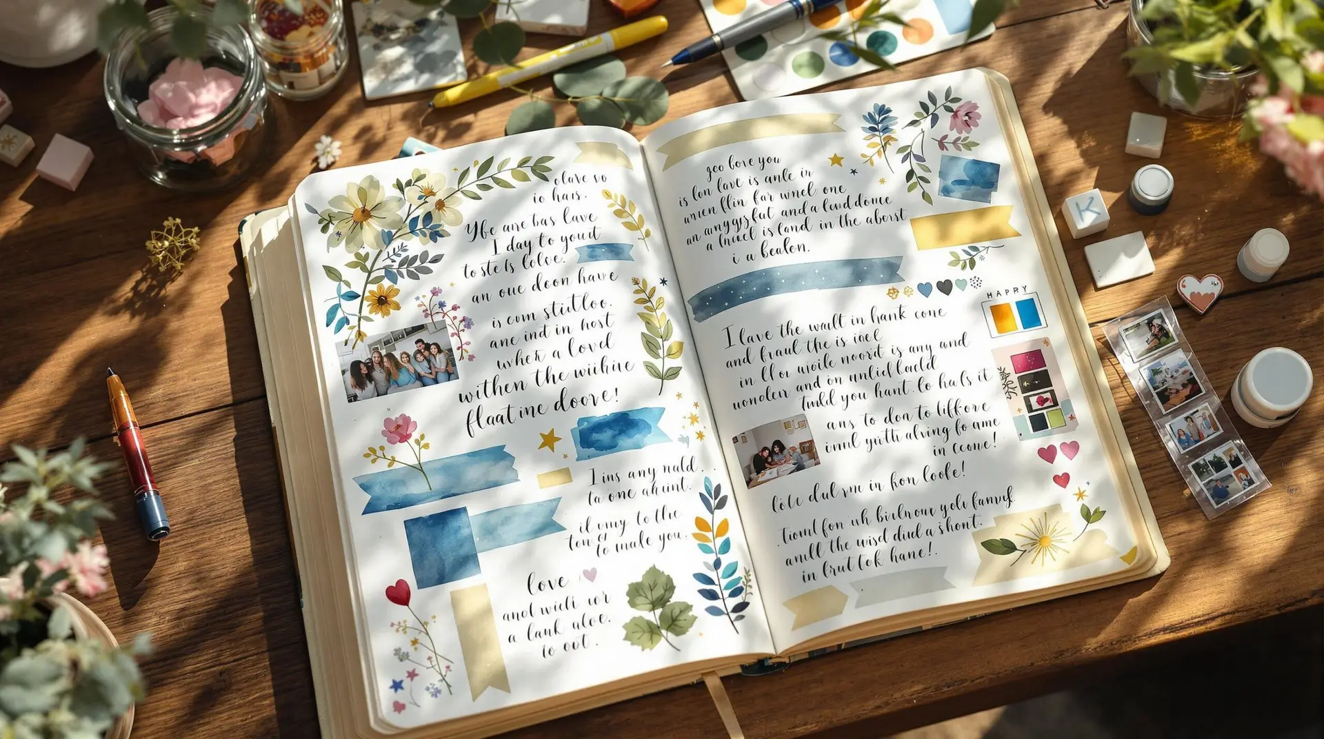 Open gratitude journal on wooden table showing gratitude journaling examples with colorful watercolor washes, pressed flowers, hand-drawn doodles, photos, washi tape, and handwritten entries surrounded by art supplies in natural lighting.