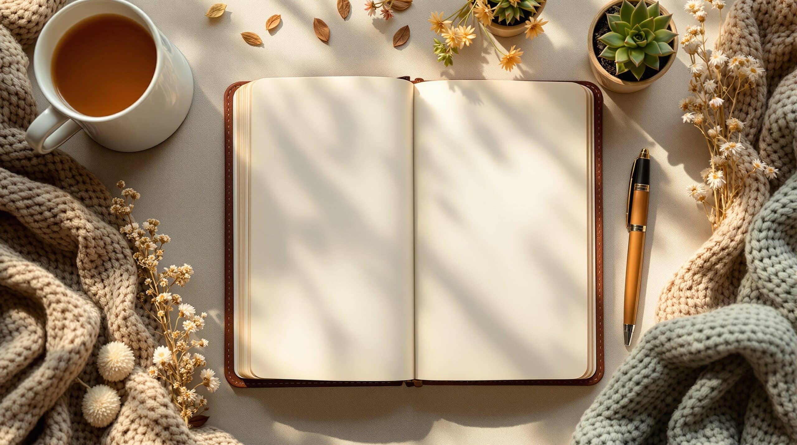 Open leather journal with handwritten pages surrounded by tea cup, pen, and plants for daily journaling practice