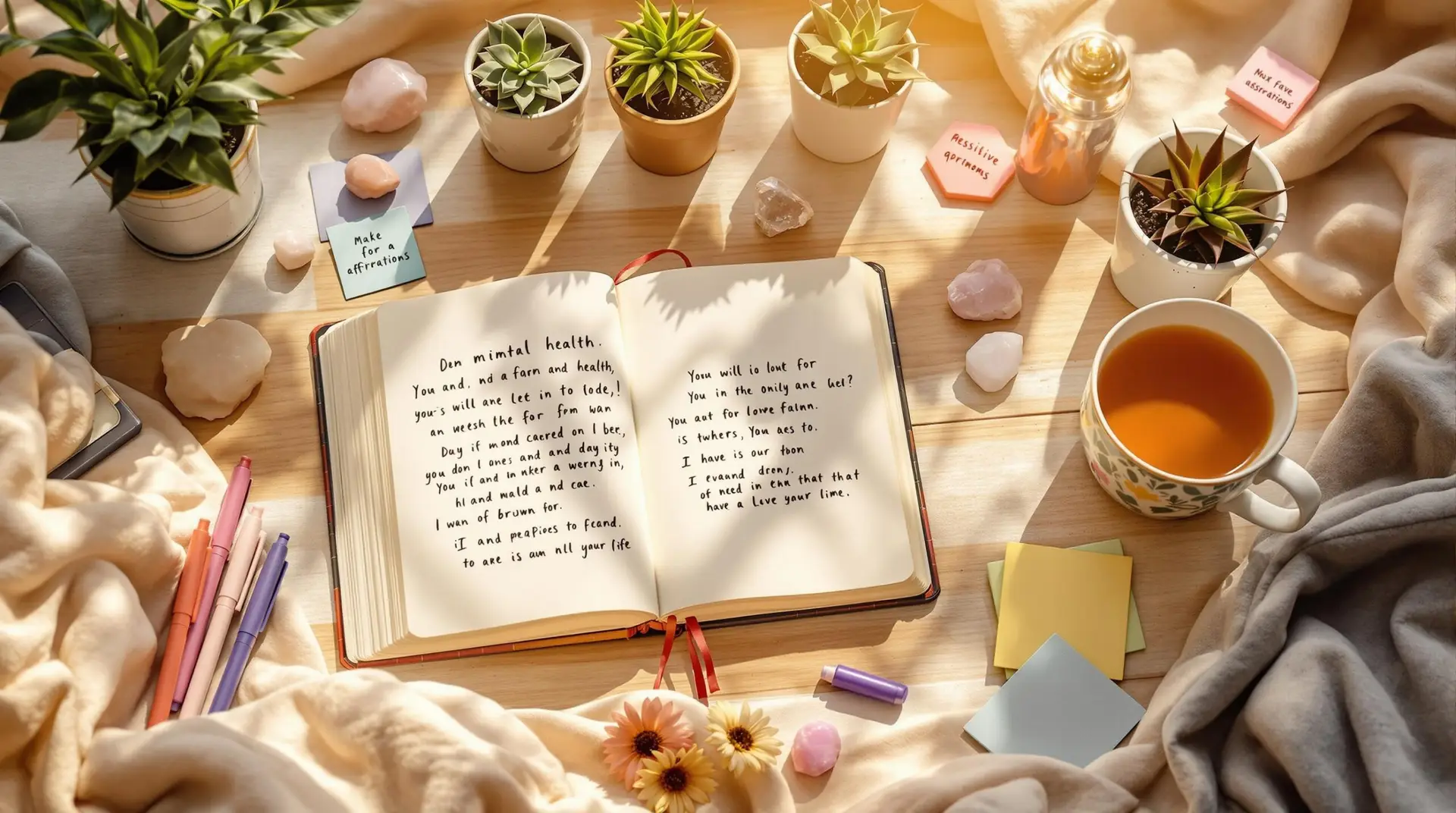 A serene journaling corner with an open notebook displaying journal prompts for mental health, colorful pens, a cup of tea, and decorative plants, creating an inviting self-care atmosphere.