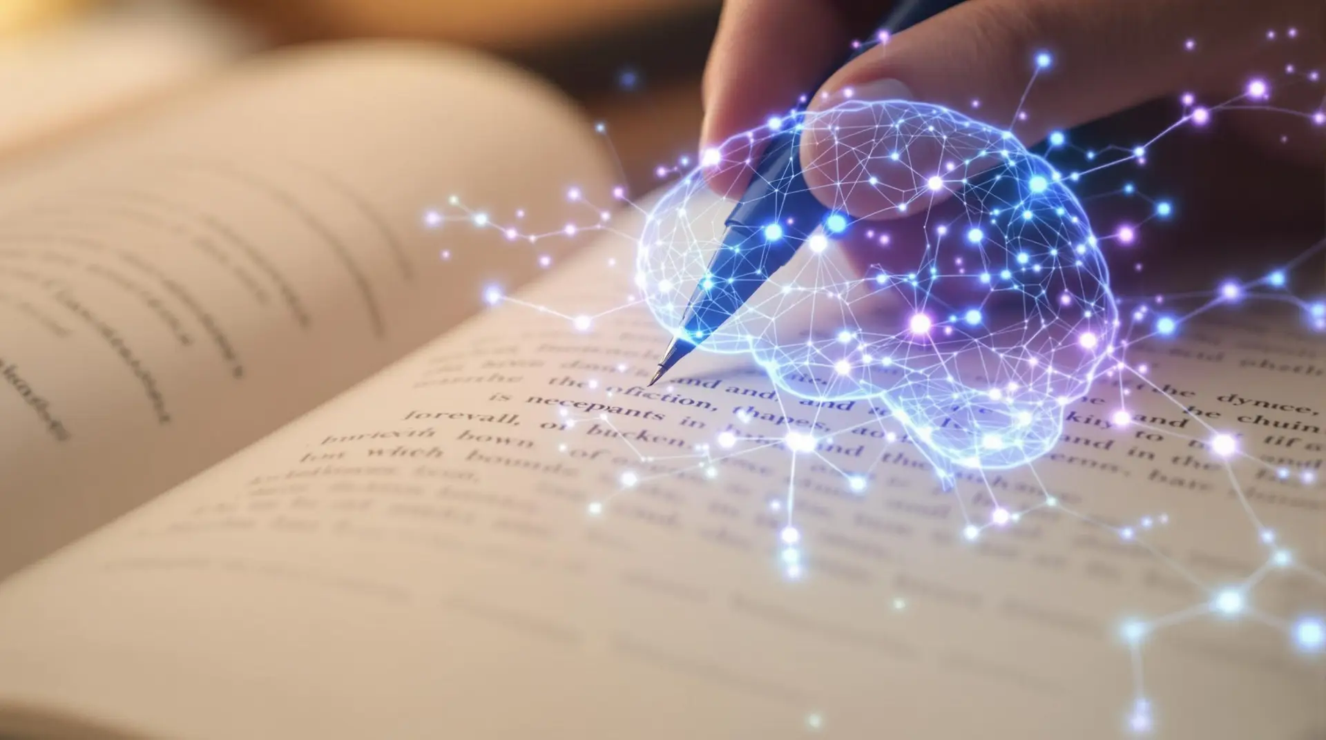 Hand writing in journal with translucent neural network overlay illustrating how emotional journaling enhances brain connectivity and neuroplasticity.