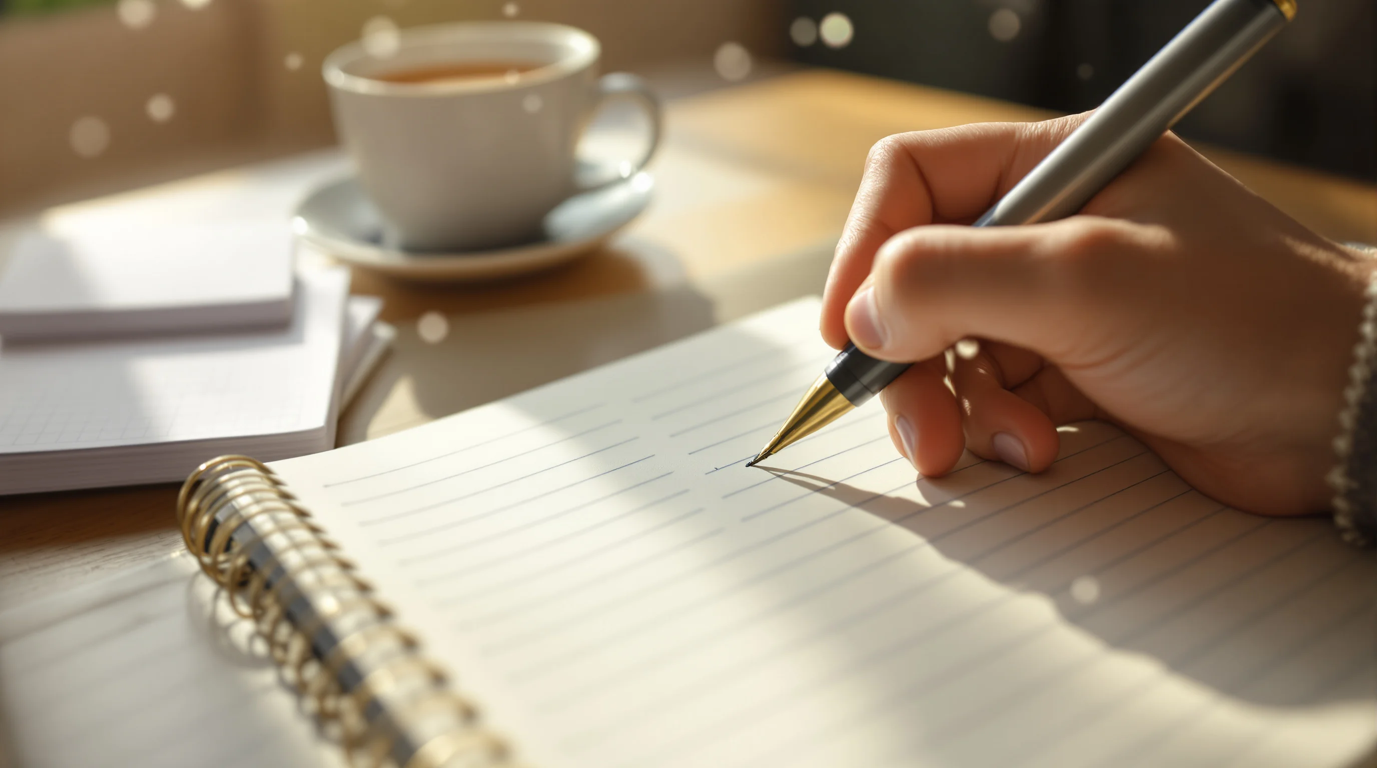Hand writing in a prayer journal at a quiet table with tea and index cards nearby