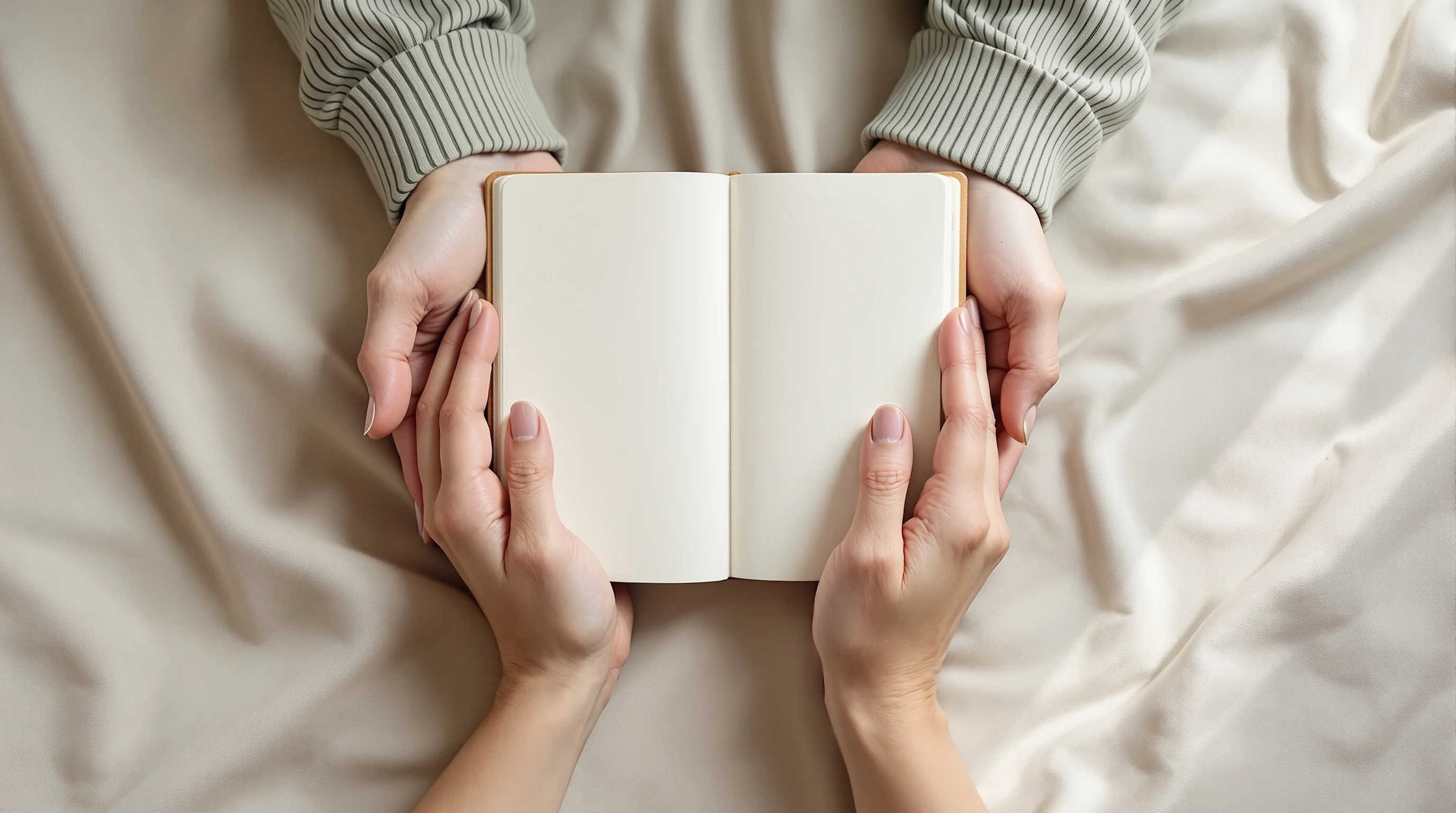 Relaxed hands resting around an open journal on linen, with a pen, conveying calm reflection and how to start journaling mindfully.