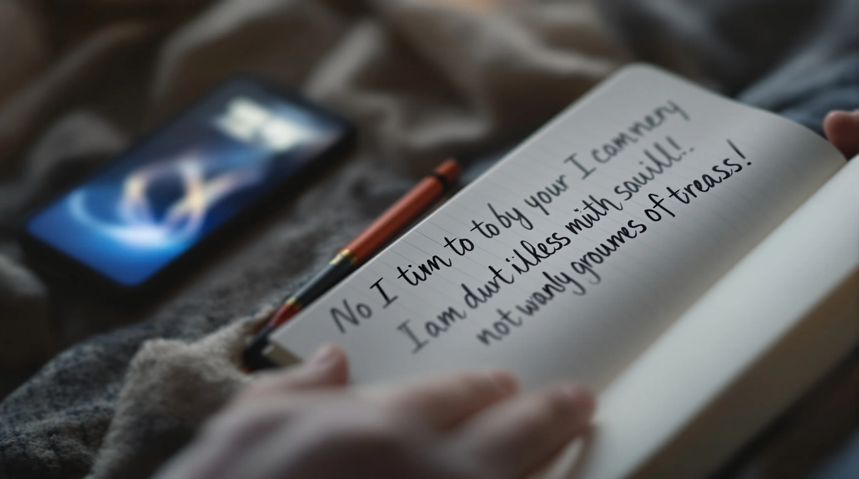 Hands holding an open journal with a blurred phone nearby, free from journaling app streaks and counters