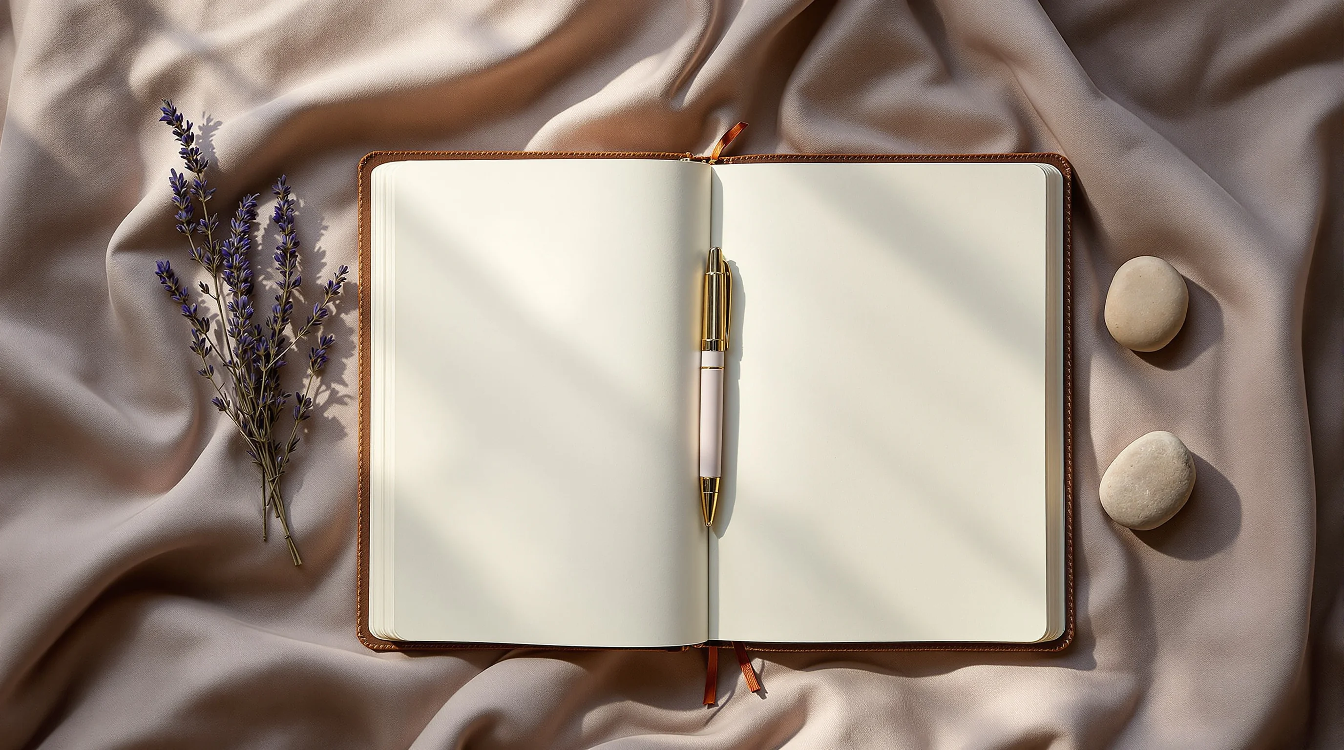 Open blank journal with pen, dried lavender, and river stone on rumpled linen, a calming journaling before bed setup.