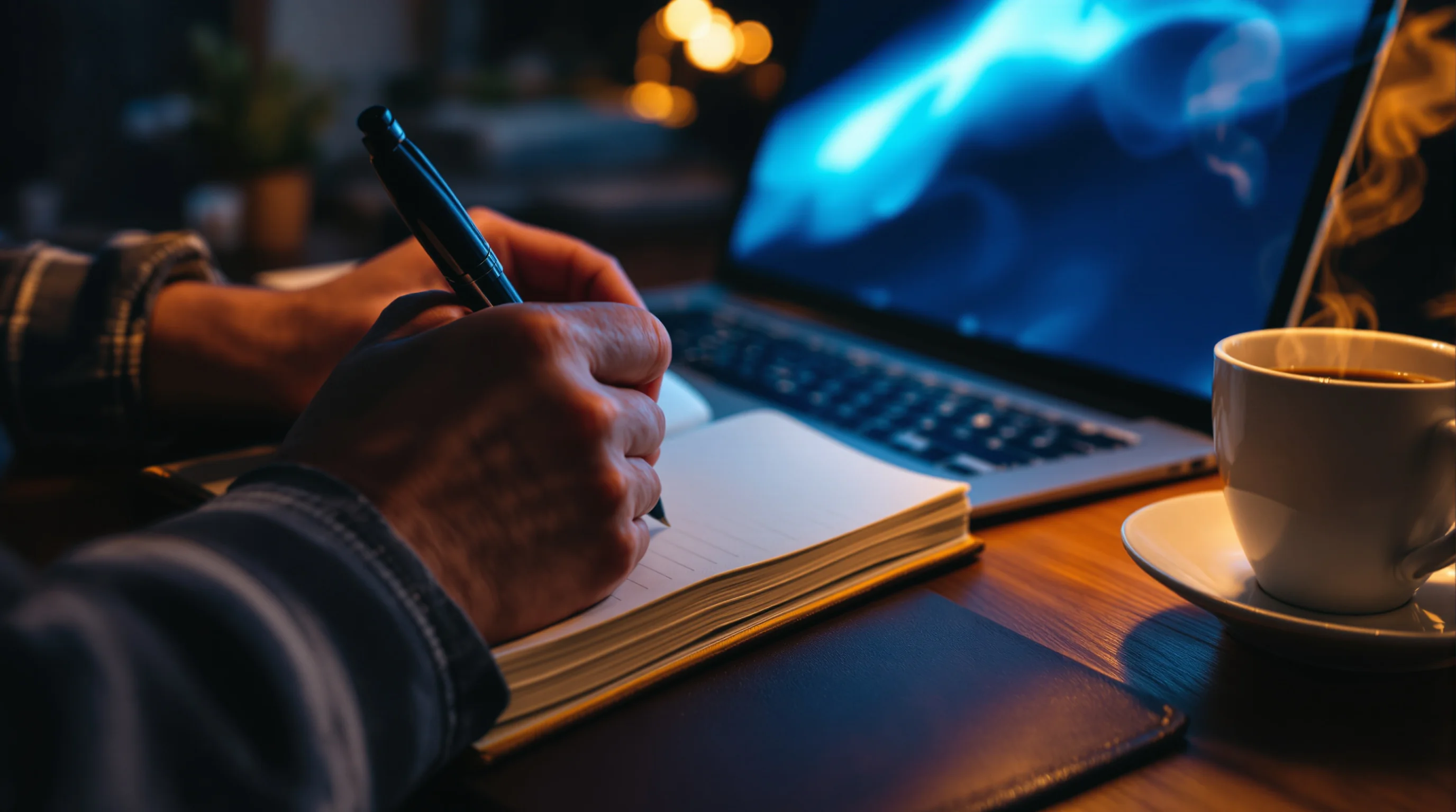 Manager's hands journaling in leather notebook beside laptop, illustrating journaling for managers practice