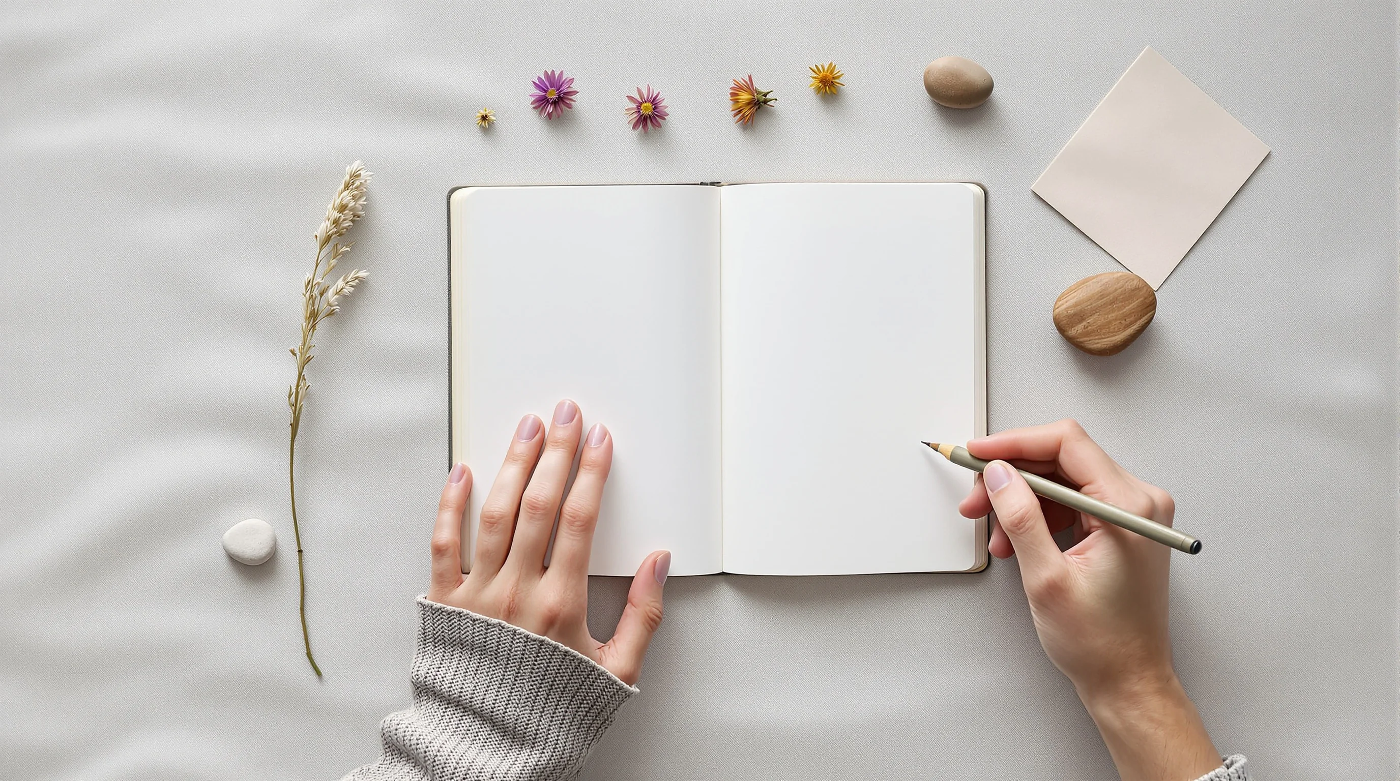 Overhead flat-lay of hands writing in a journal surrounded by a dried flower, river stone, and folded paper for personal reflection.
