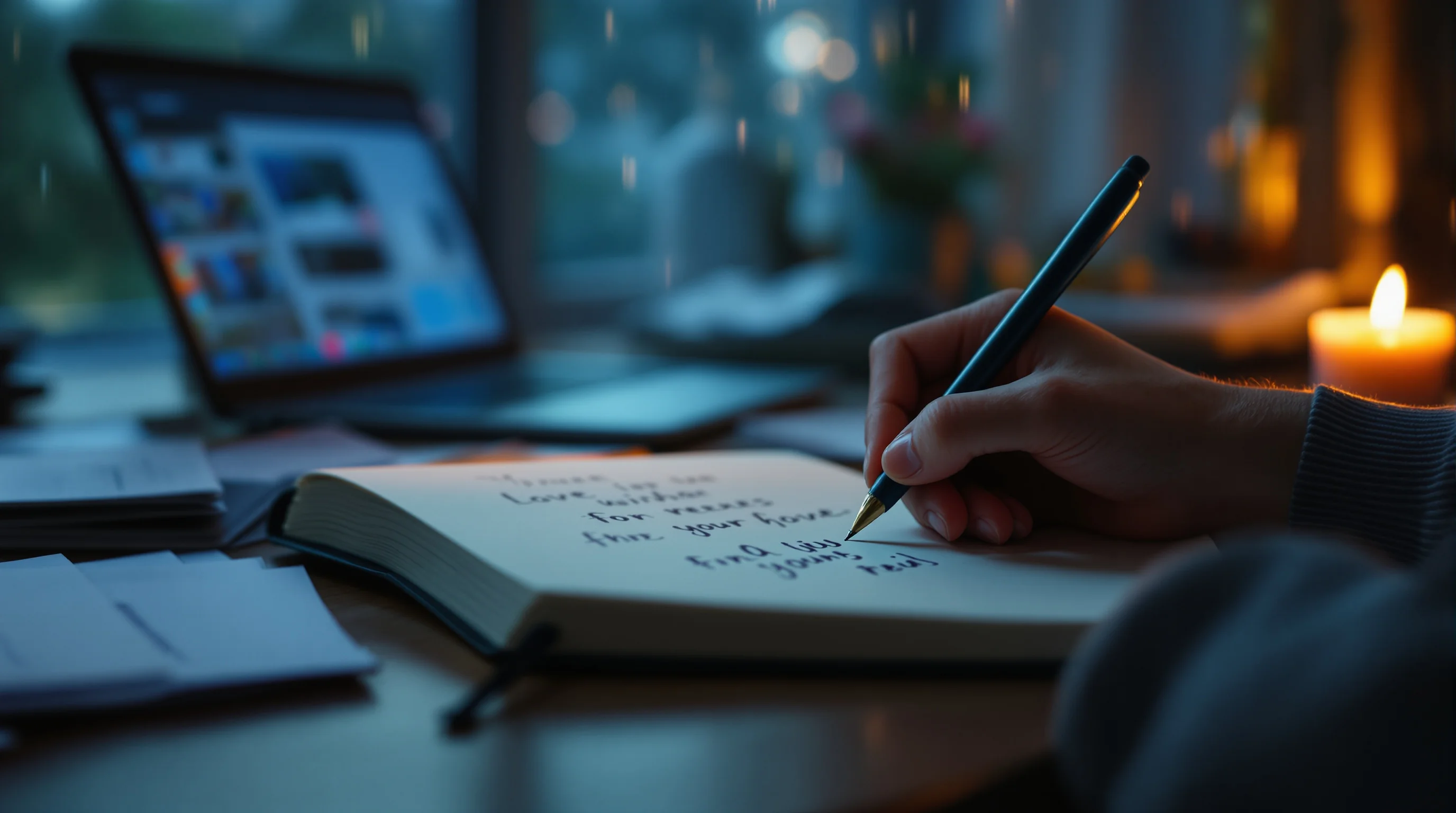 Hands writing in a journal by candlelight, sustaining a journaling habit on a busy evening