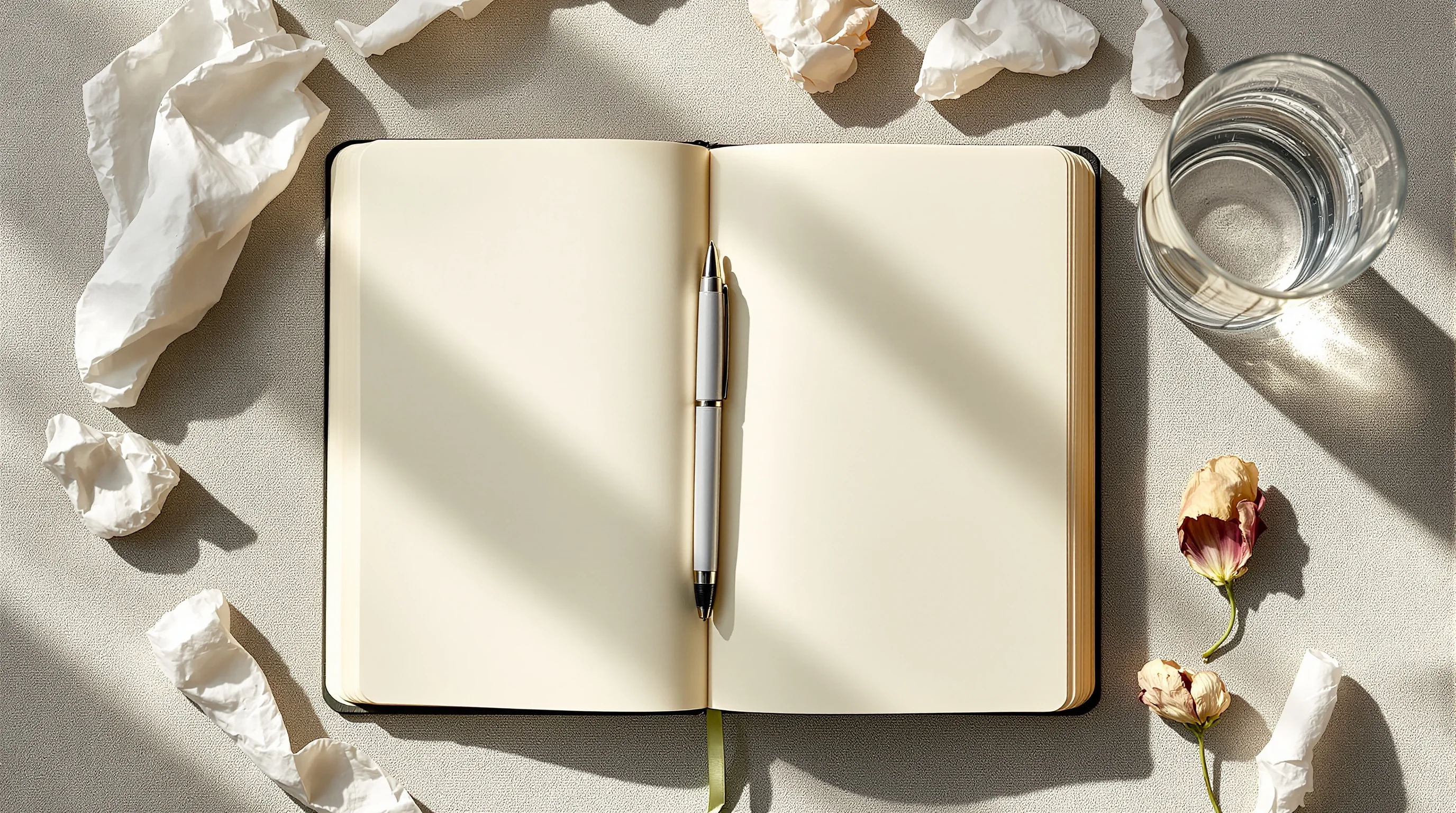 Open blank journal with pen, crumpled tissue, wilted petal, and water glass on linen surface in soft natural light