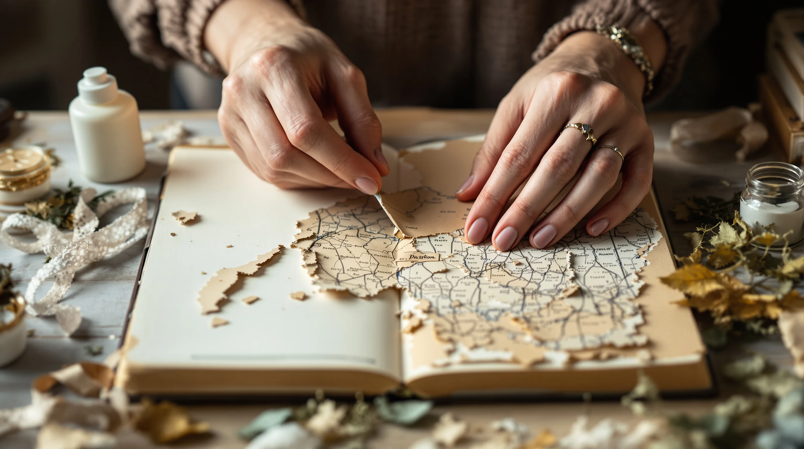 Gluing vintage map ephemera onto a junk journal for beginners with lace and dried leaves nearby