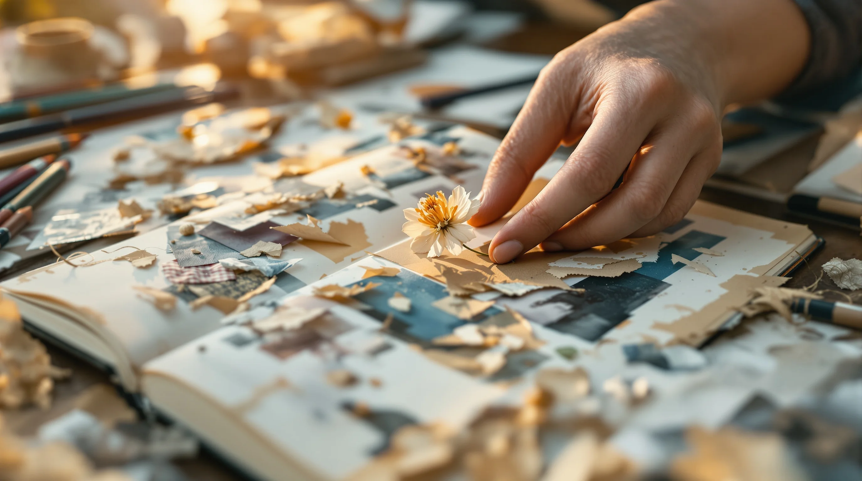 Hands placing pressed flower on journal page with layered tissue paper, fabric, and photos in warm golden light