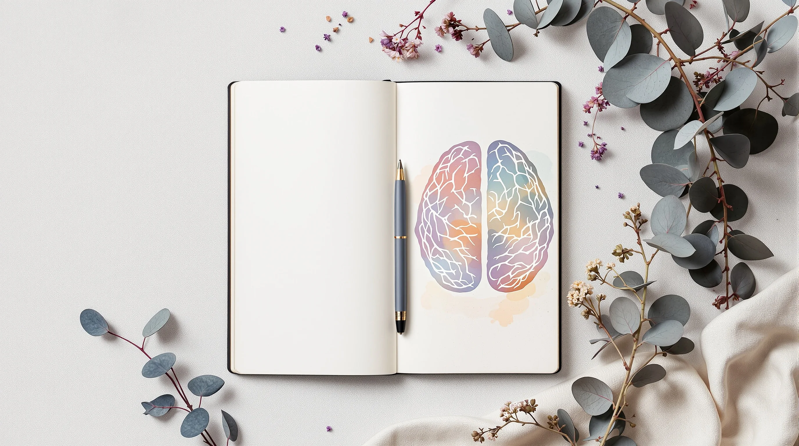 Watercolor brain illustration beside an open journal, pen, and dried botanicals on linen — symbolizing mindfulness journaling