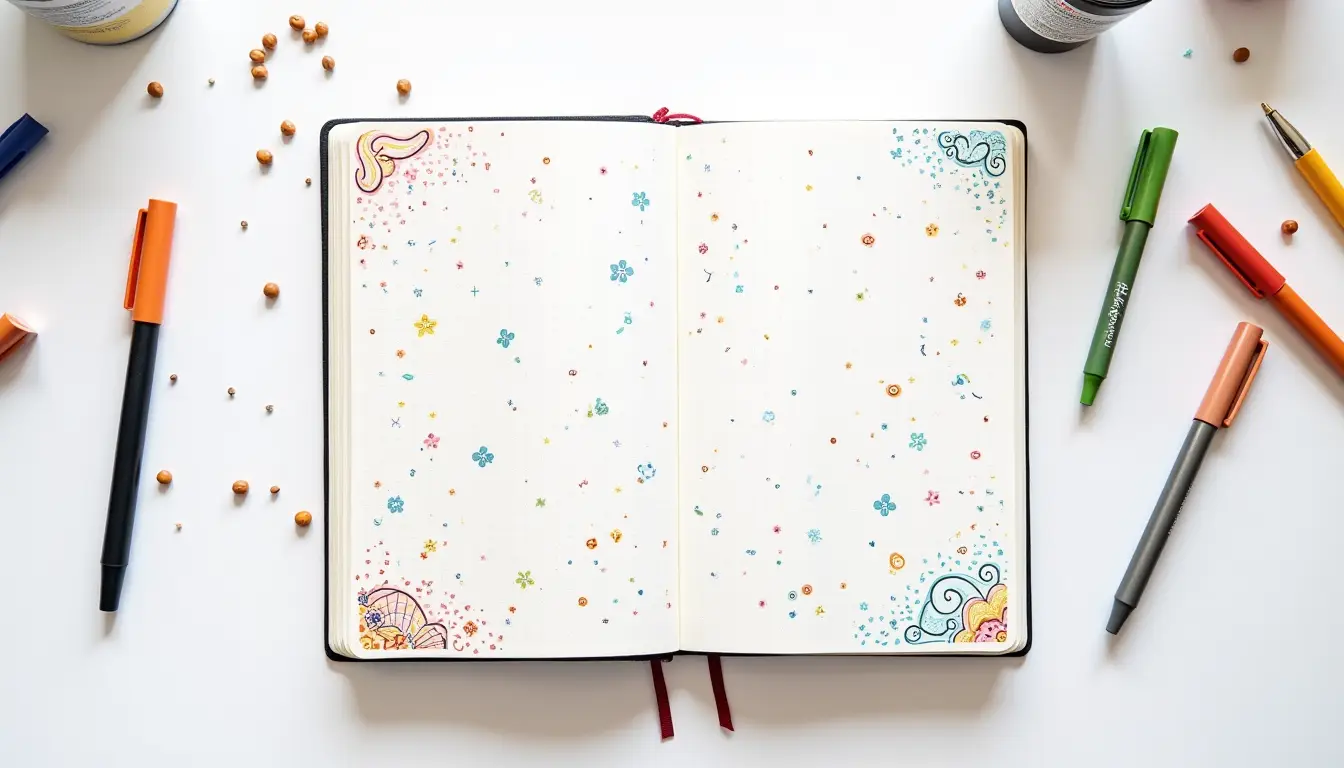 Creative bullet journal spread featuring various colorful doodles and artistic elements