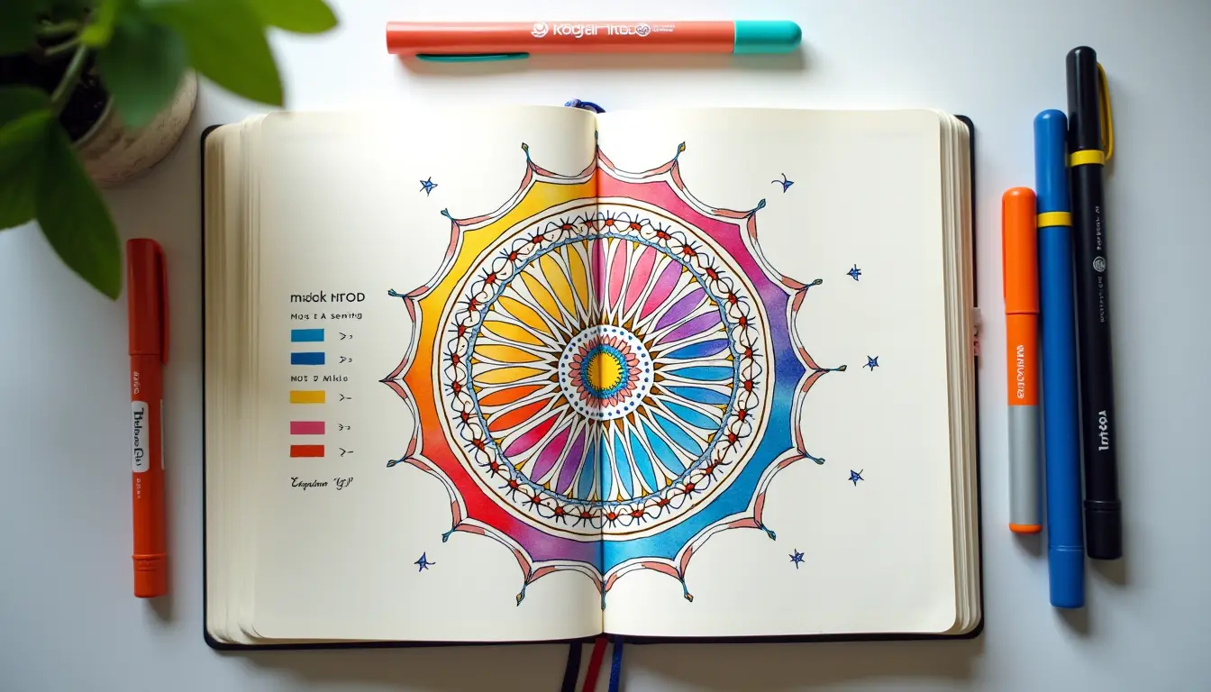 Colorful circular bullet journal mood tracker with rainbow colors surrounded by journaling supplies