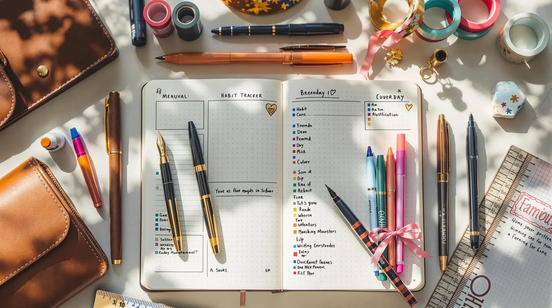 Best pens for journaling flat lay featuring fountain pen with gold accents, colorful gel pens, and fine-tip markers arranged on open bullet journal with organized spreads and leather accessories in warm natural lighting.