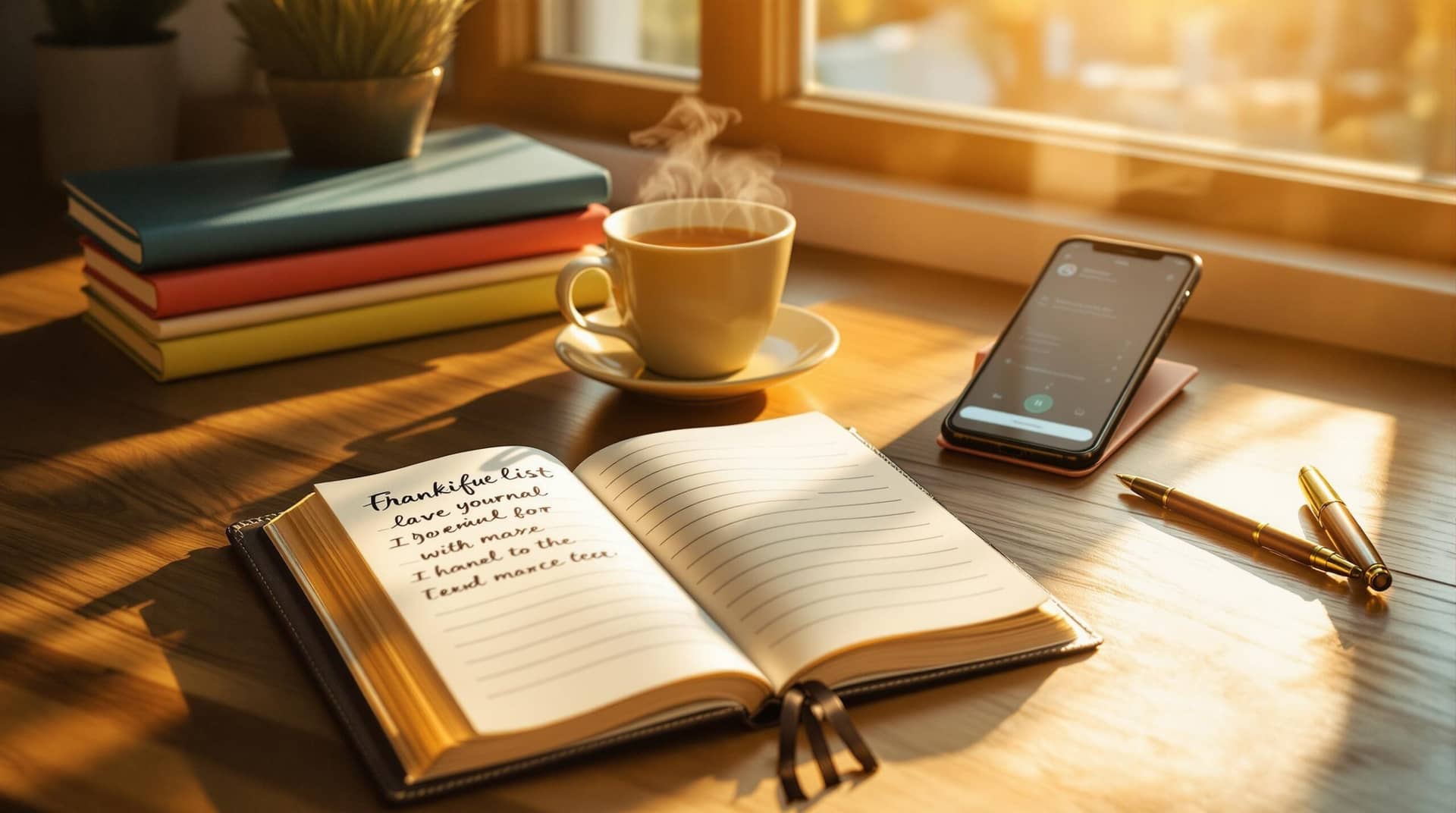 Peaceful morning journaling setup with open journal, fountain pen, tea, and smartphone showing how to start journaling app, all bathed in warm sunlight streaming through a window.