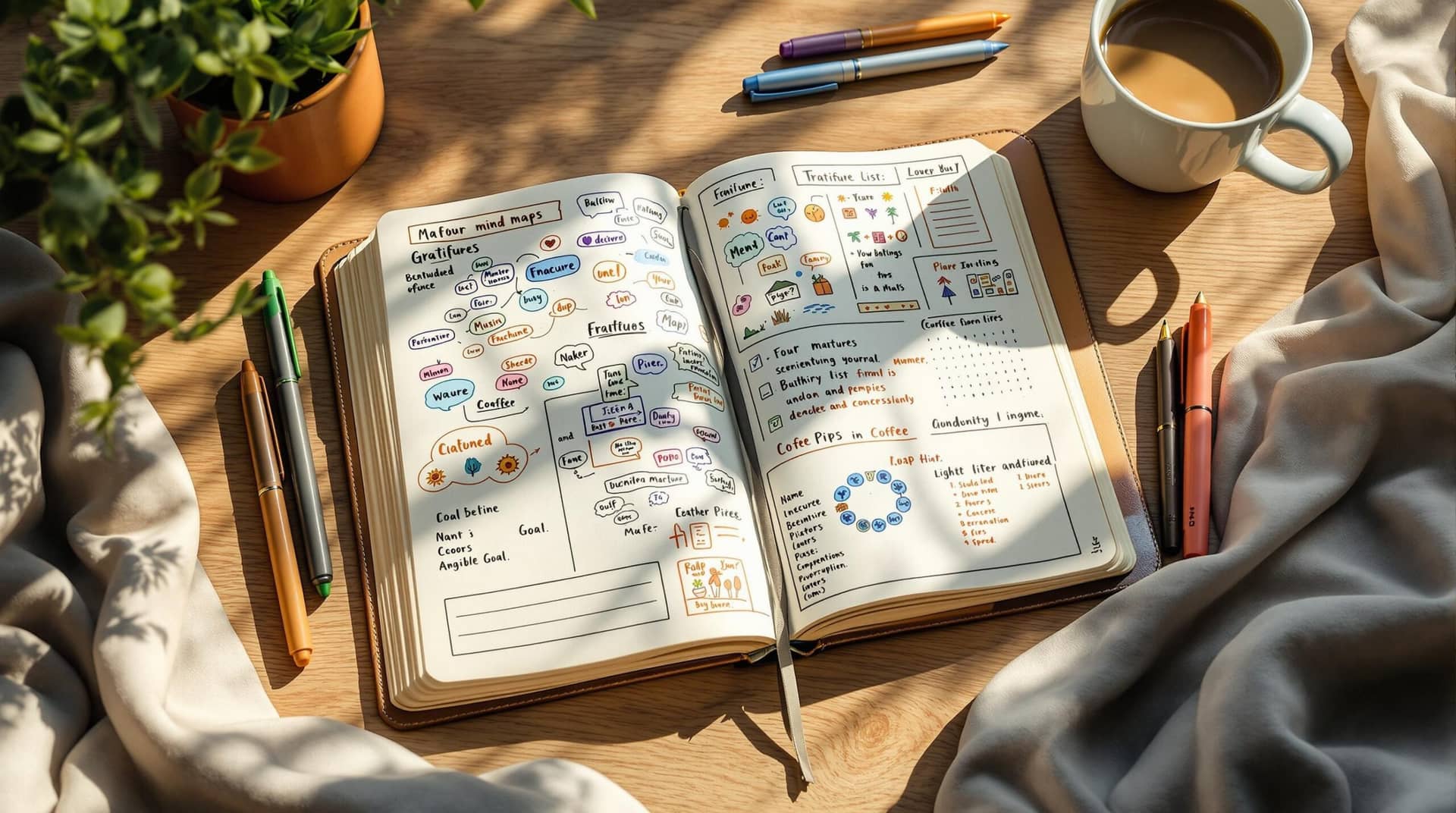 A minimalist workspace featuring an open leather journal with colorful mind maps and gratitude lists, showcasing creative journaling ideas alongside organized pens, coffee, and a small succulent in warm morning light.