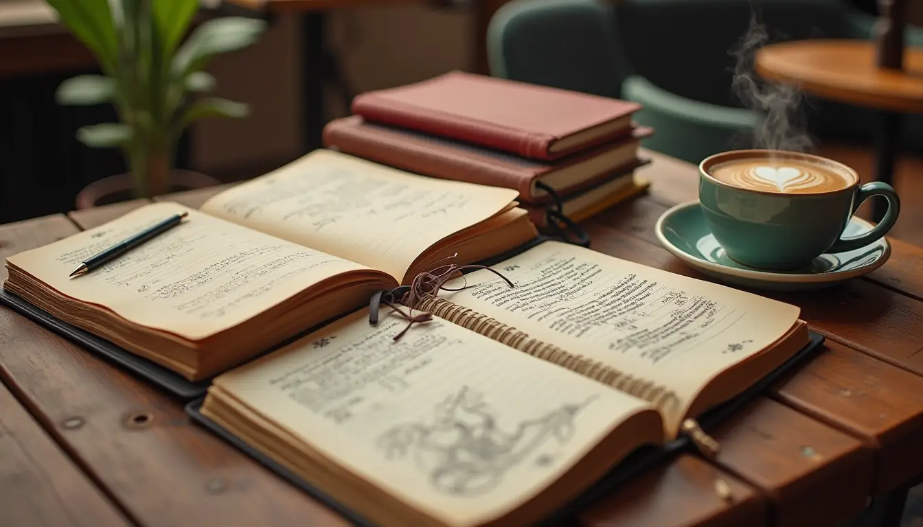 Various journaling styles displayed on a wooden coffee shop table with notebooks, pens, and a steaming cup of coffee in warm lighting.