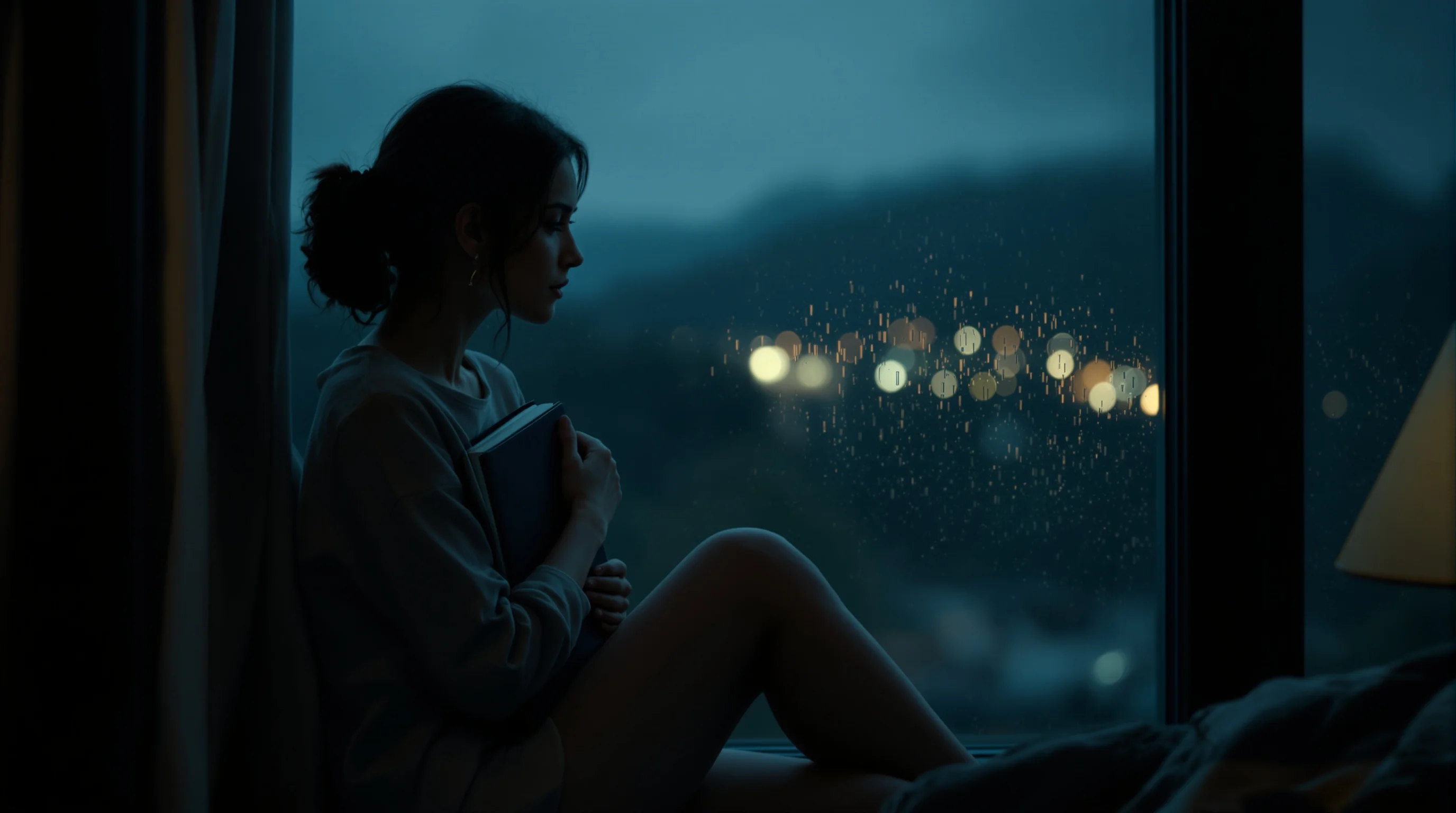 Woman hugging a dark journal on a rainy window seat at dusk, reflecting on private thoughts through shadow journaling prompts.