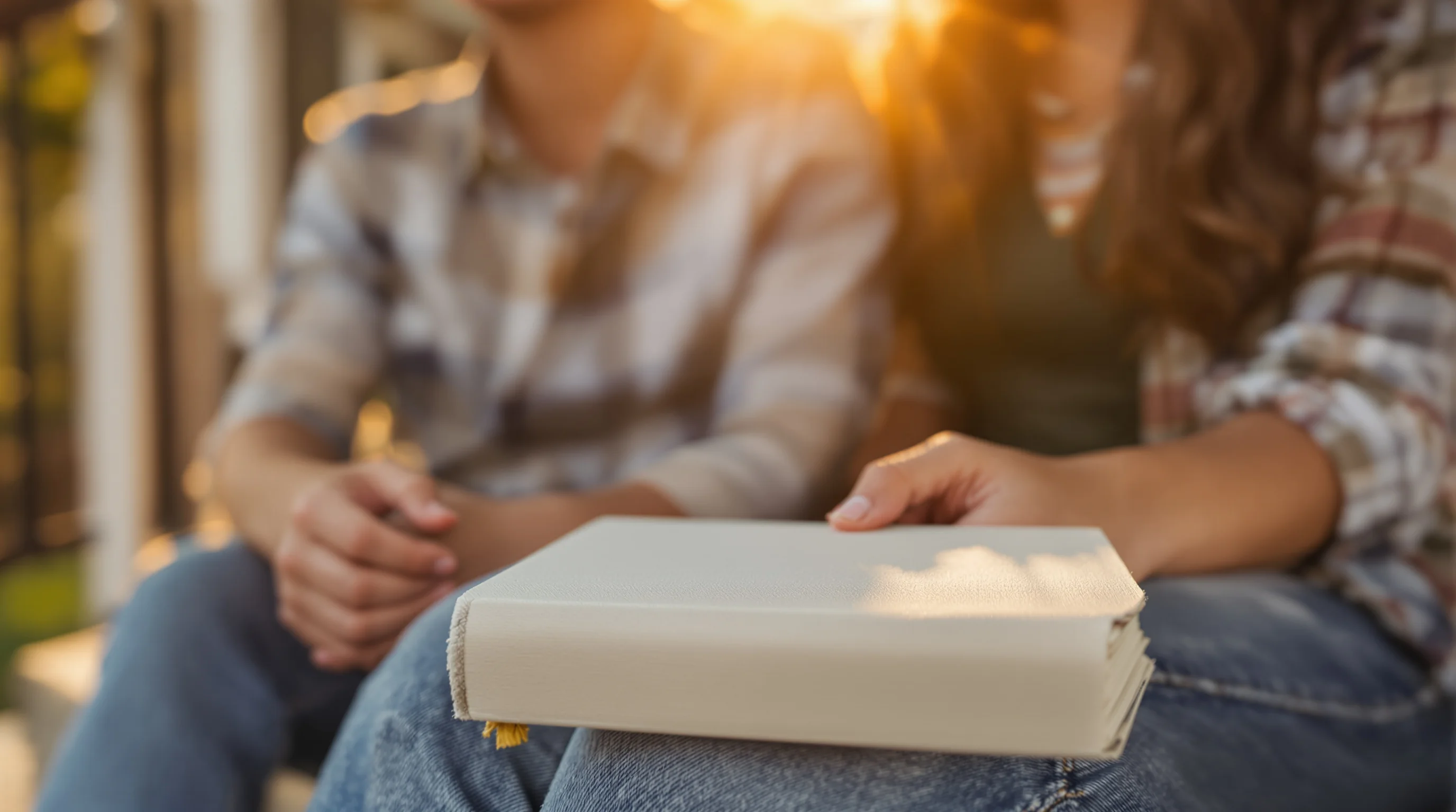 Parent and teen sit together at golden hour with a closed journal between them, reflecting on privacy and trust