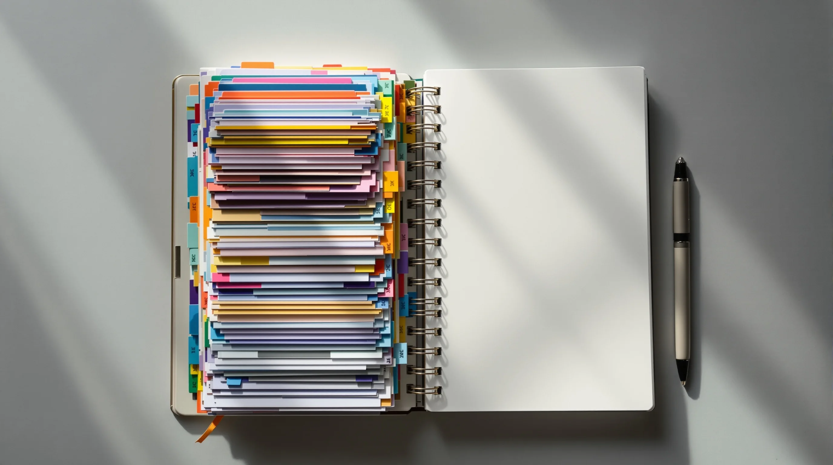 Simple work journal template beside cluttered tabbed notebook, contrasting minimal vs complex systems