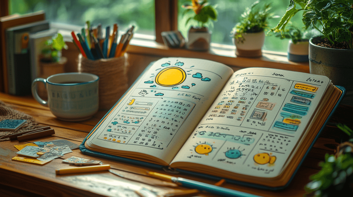 • Mood tracker bullet journal with weather-themed symbols representing emotional changes