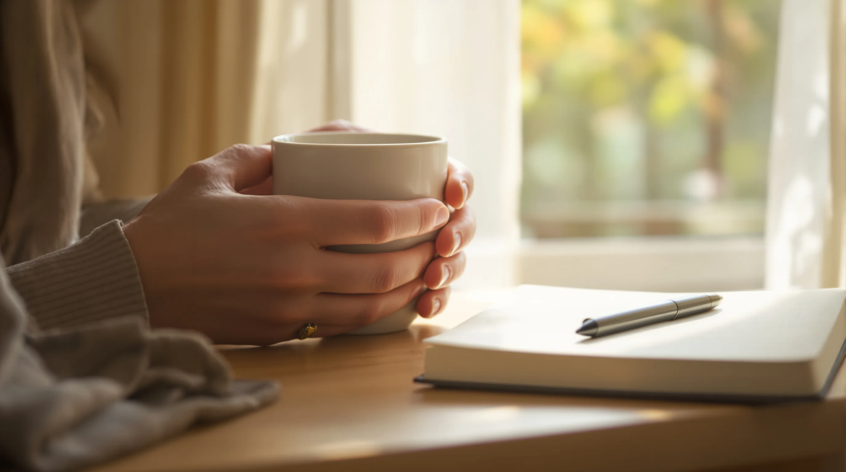 Hands cradling a warm ceramic mug beside a closed journal and pen on a sunlit table, evoking quiet reflection.