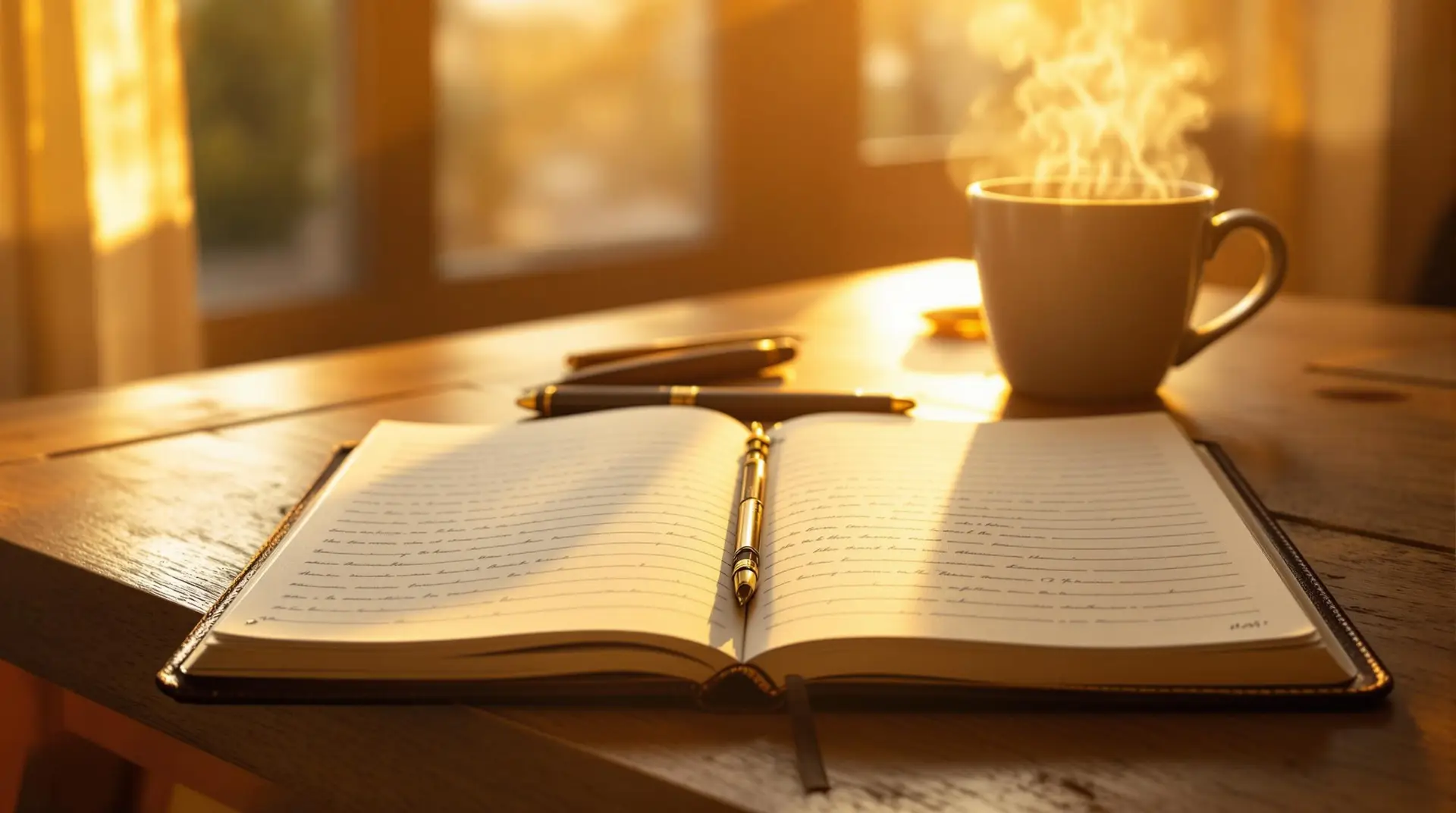 An open morning journal on a desk bathed in golden morning sunlight with a pen and coffee cup, creating a serene productivity space.