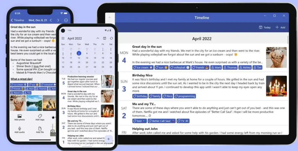 Diarium journal app shown across multiple devices (smartphone, tablet, and another mobile device) with a synchronized timeline view. The interface displays various journal entries including 'Great day in the sun' with details about ice cream, volleyball, and a barbecue; 'Birthday Nico' showing a celebration; and 'Me and my TV' mentioning watching Better Call Saul. Each entry features interactive tags like 'ice cream,' 'sun,' 'volleyball,' and 'friends,' along with attached photos. The center device shows an April 2022 calendar view, demonstrating Diarium's date organization capabilities and cross-device synchronization.