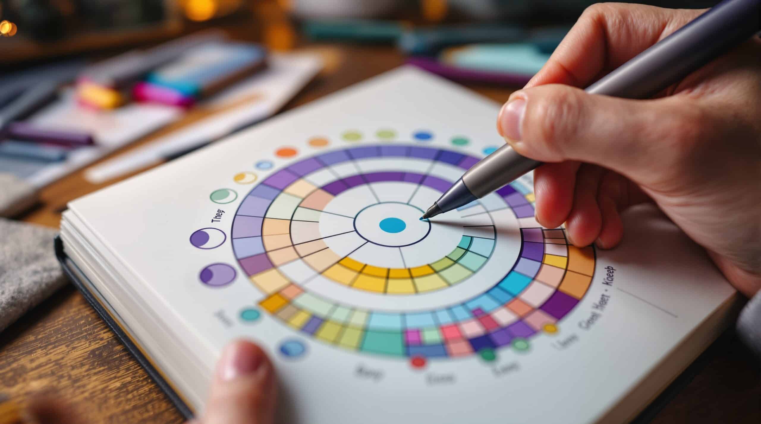 Hands filling circular sleep tracker in bullet journal with colored pens, showing moon phases and color-coded sleep quality
