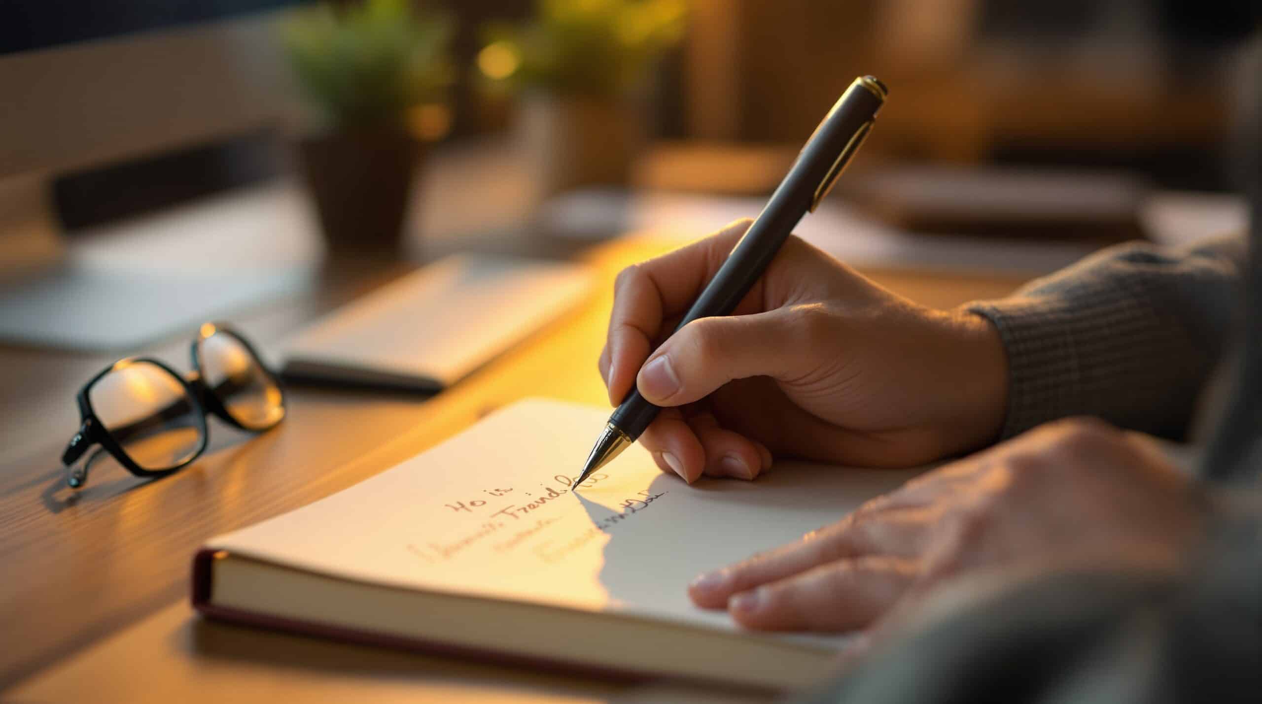 Close-up of hands writing in leather journal with pen on wooden desk, showing professional journaling practice