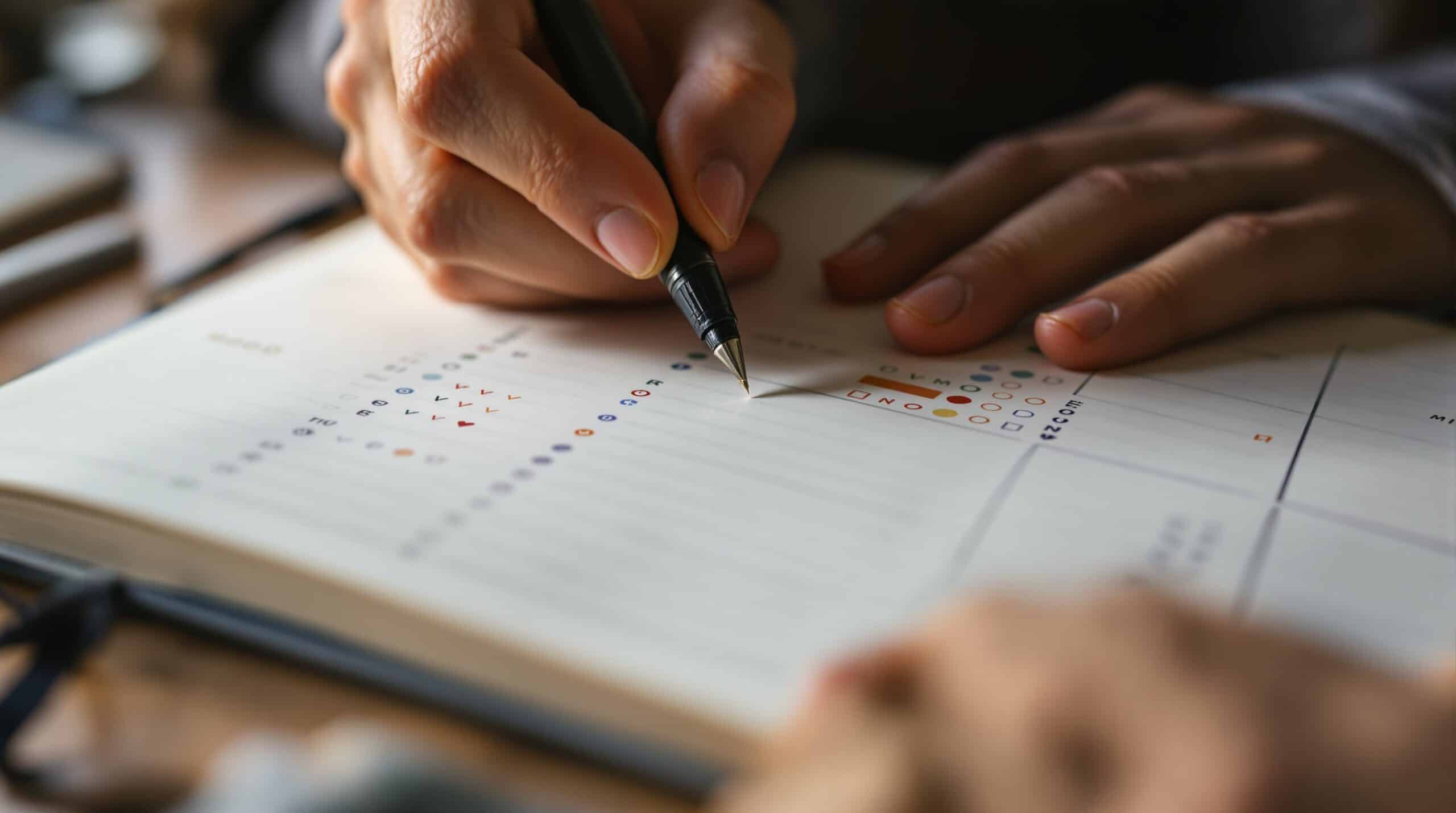 Close-up of hands writing habit tracker in bullet journal with colorful dots and checkmarks for mood, water, exercise