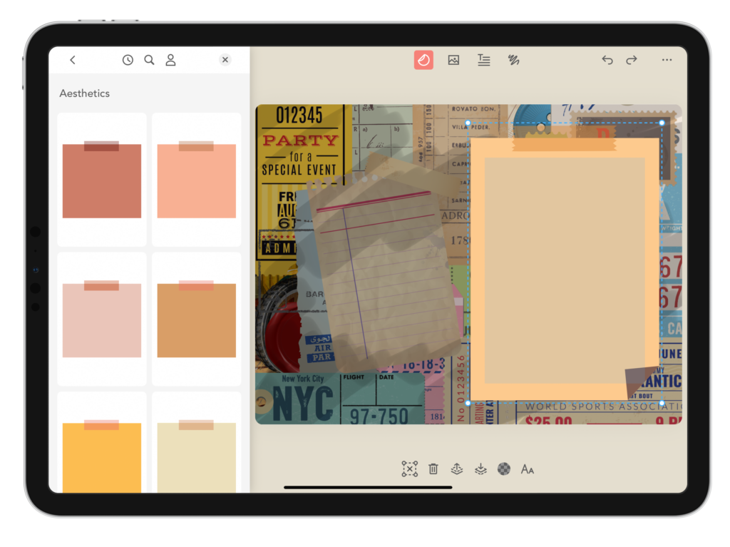 The Zinnia digital journal app displayed on an iPad, showing its artistic customization features. The left panel offers color choices for sticky notes in various warm tones from pink to yellow. The main canvas displays a collage-style journal page with vintage ephemera including a yellow event ticket, lined notepaper, NYC travel memorabilia, and ticket stubs, creating a scrapbook aesthetic. A yellow sticky note is being positioned on this creative background. The interface includes formatting tools at the bottom and editing options at the top, demonstrating how Zinnia blends digital convenience with handcrafted journaling aesthetics.