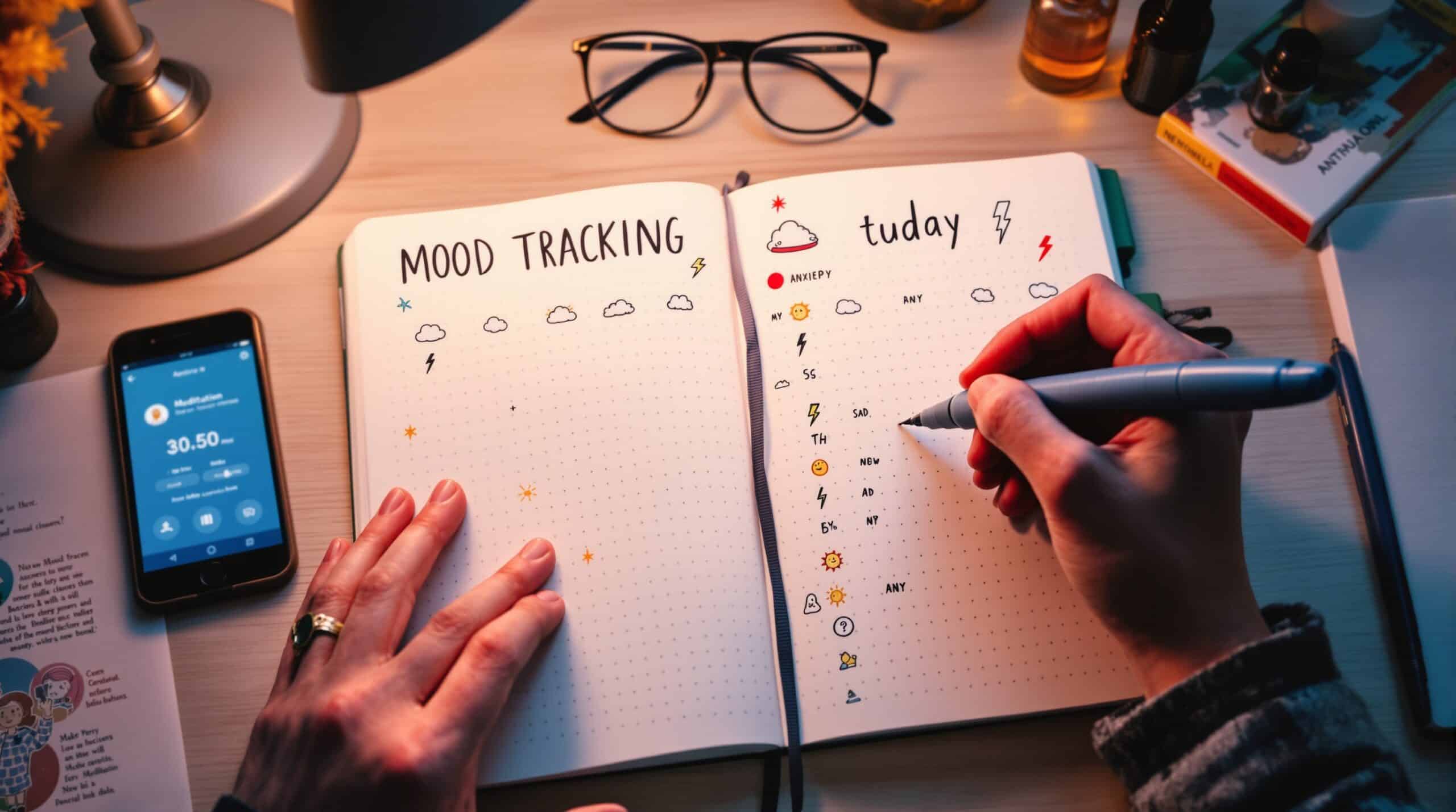 Hands filling in bullet journal mood tracker with colorful icons like suns, clouds, and lightning bolts for emotions