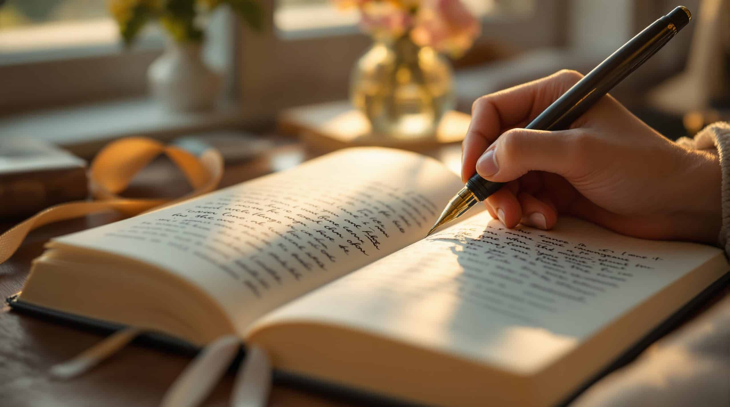 Hands writing in open journal with fountain pen in warm golden hour lighting, showing elegant handwritten text