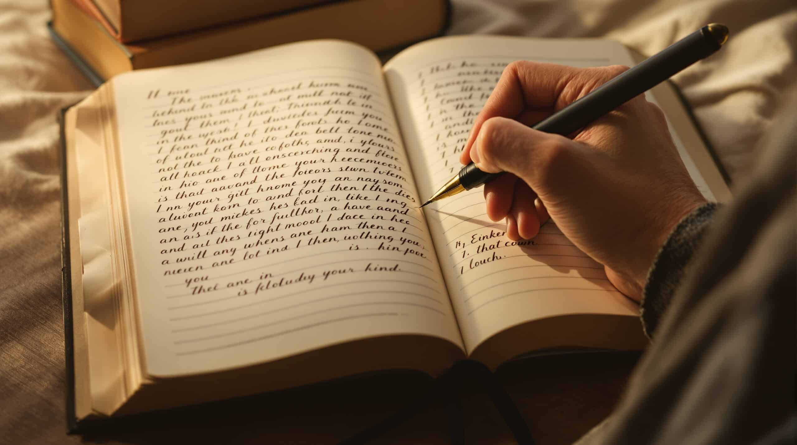 Hands writing in open journal with pen, showing handwritten text and bullet points, with books in background