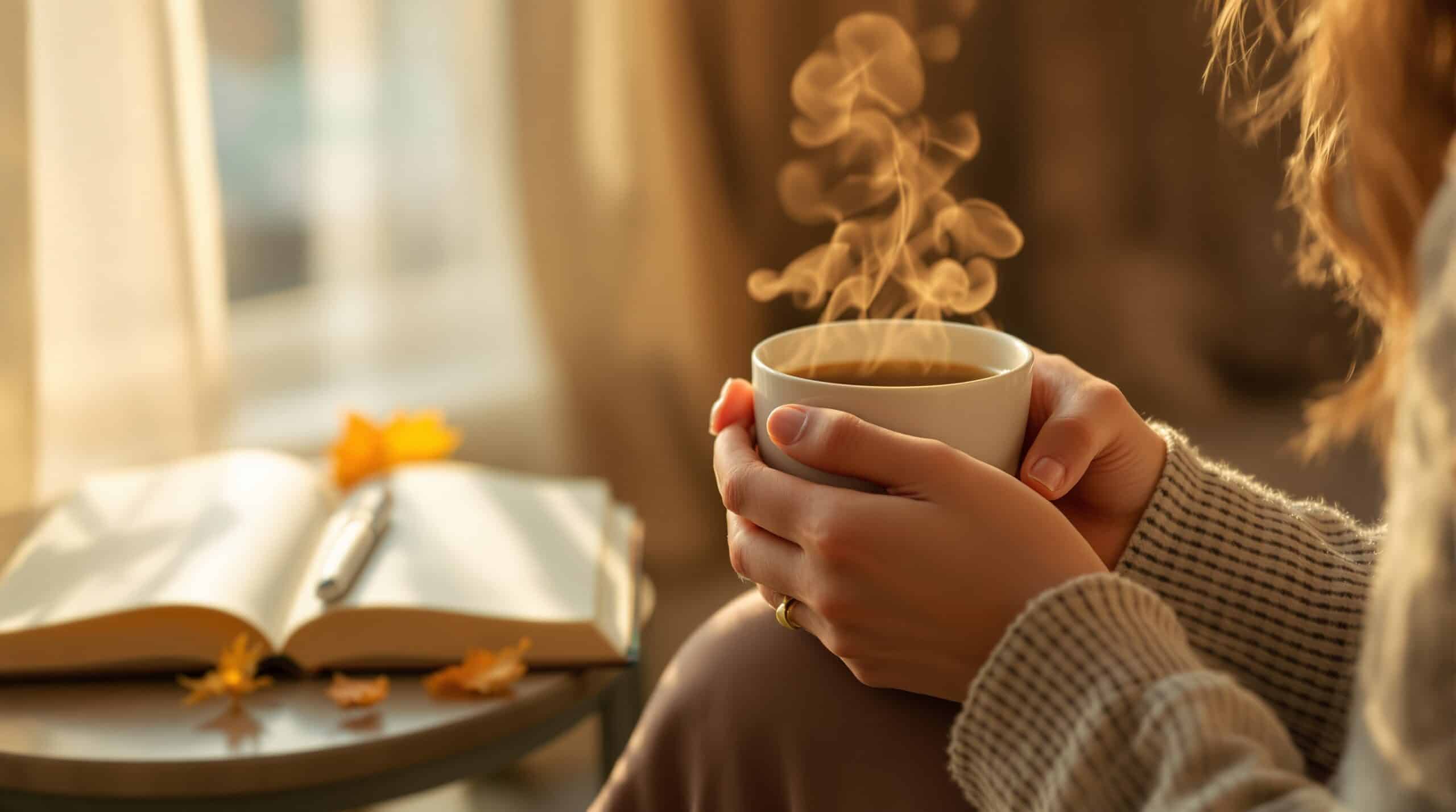 Hands holding steaming cup with gratitude journal and pen on table by window, soft morning light creating peaceful atmosphere