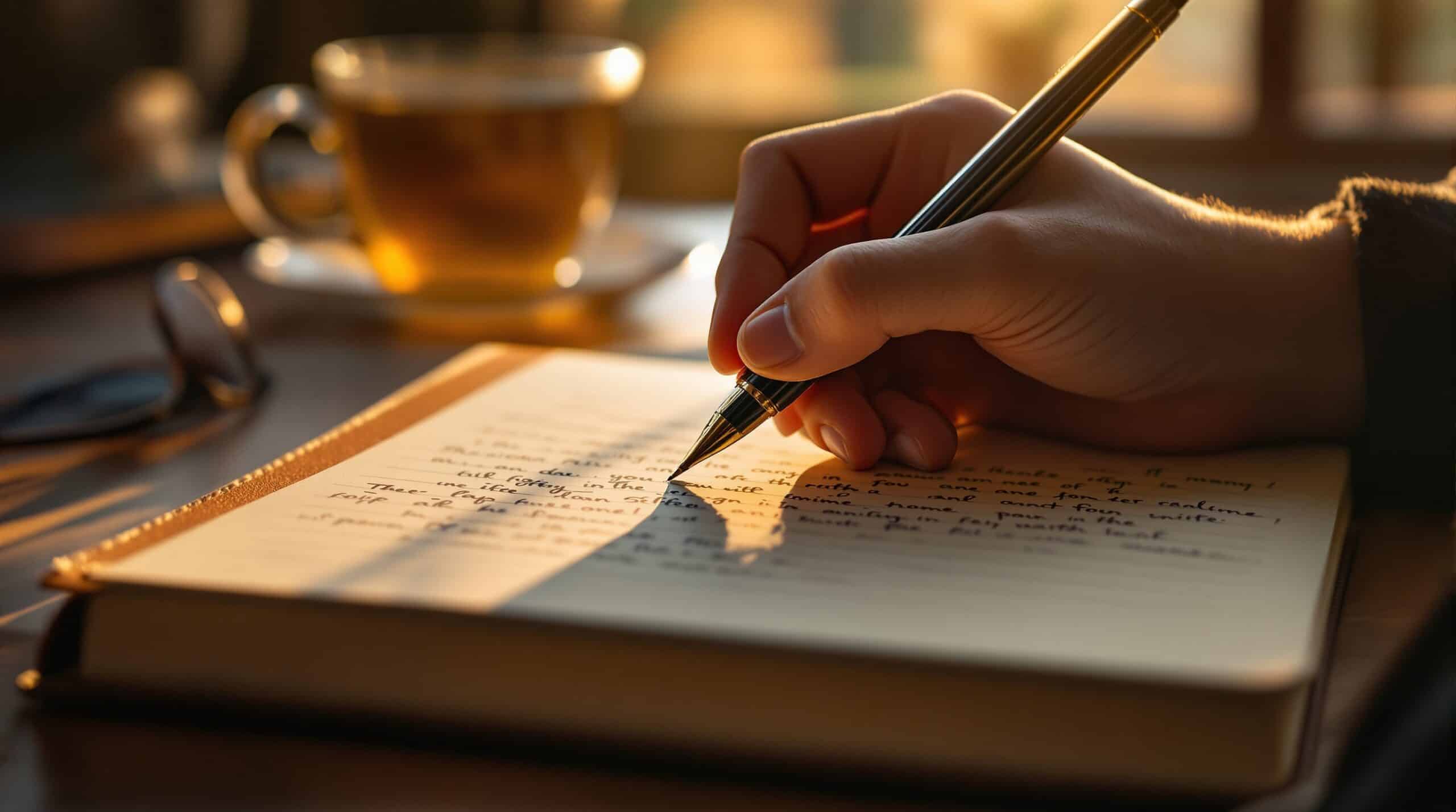 Hand writing with elegant pen in leather journal, warm golden lighting, tea cup and glasses in background