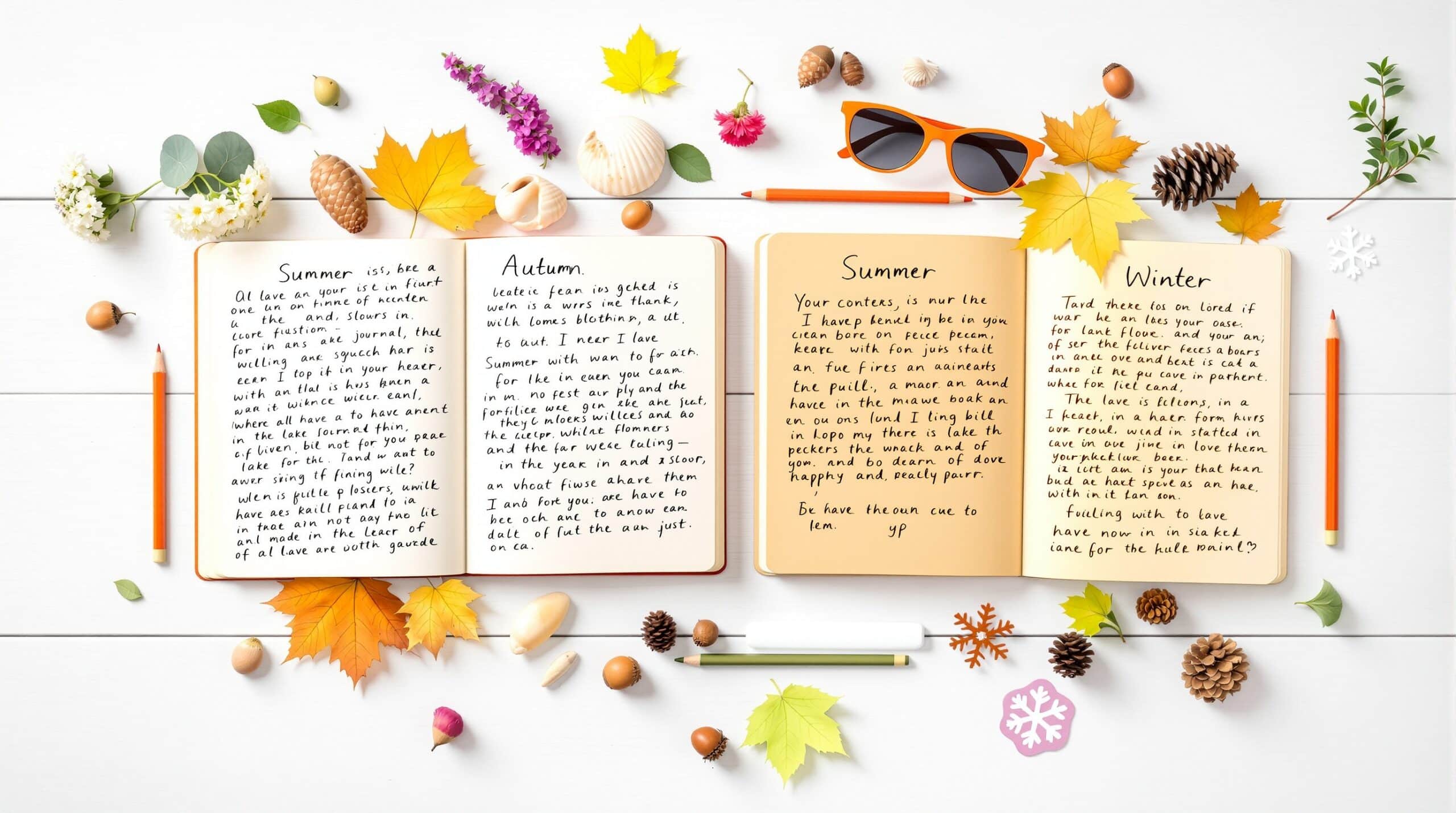 Four open journals arranged in cross pattern with seasonal objects - spring flowers, summer shells, autumn leaves, winter pinecones