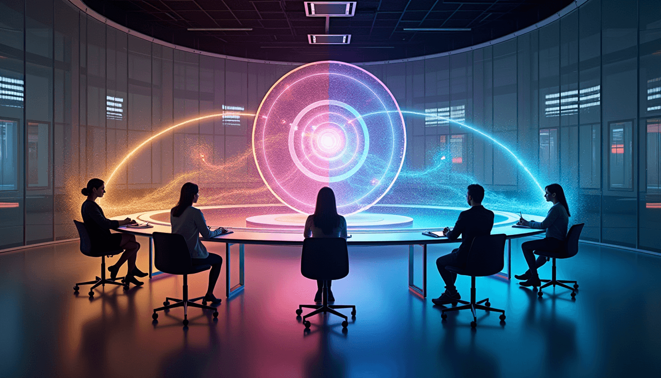 Five professionals in a modern conference room collaborating around a central holographic display with colored light beams representing different leadership development training approaches: social intelligence (gold), strategic thinking (red), analytical excellence (blue), and creative leadership (purple) - demonstrating the integration of diverse leadership styles.