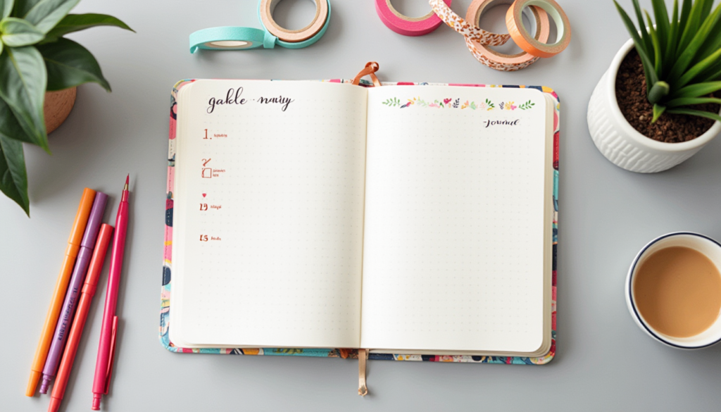 Clean, simple bullet journal monthly spread with linear calendar and essential planning sections